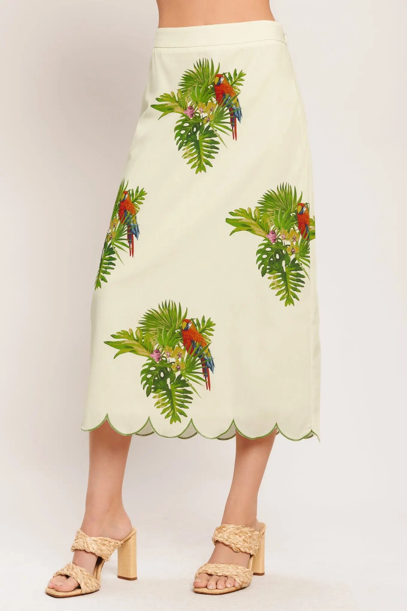 Island Elegance Printed Woven Midi Skirt With Scallop Hem Side Zipper Closure Flying Tomato