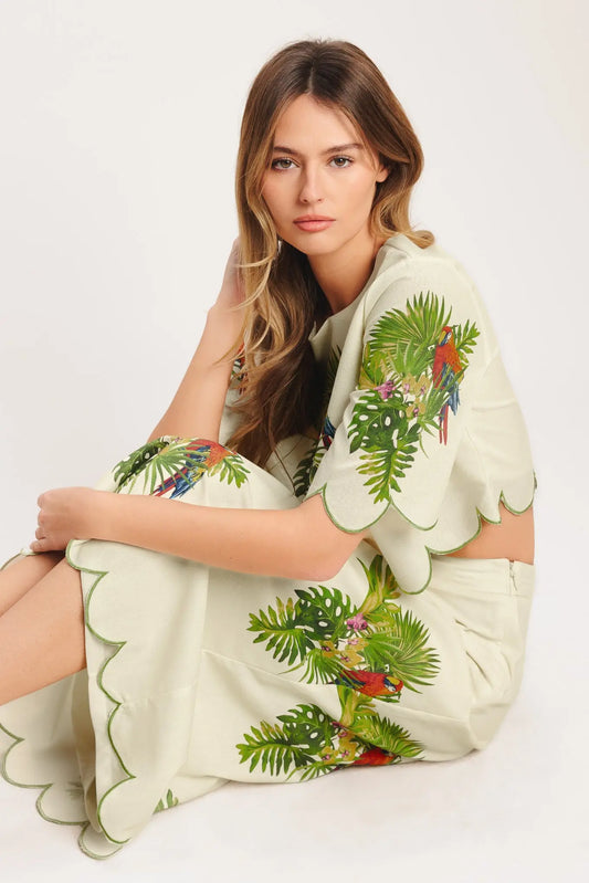 Island Elegance Printed Woven Midi Skirt With Scallop Hem Side Zipper Closure Flying Tomato