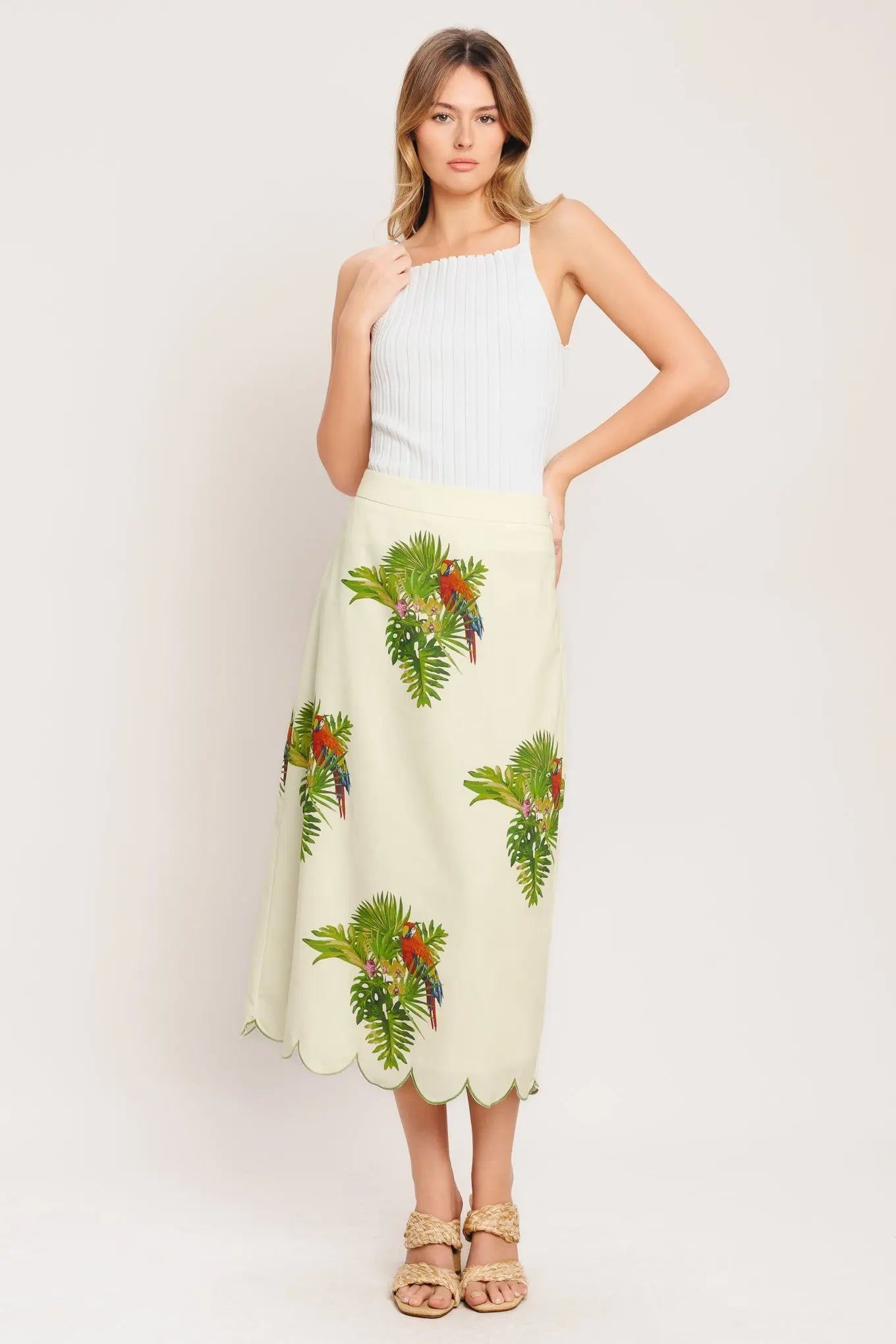 Island Elegance Printed Woven Midi Skirt With Scallop Hem Side Zipper Closure Flying Tomato