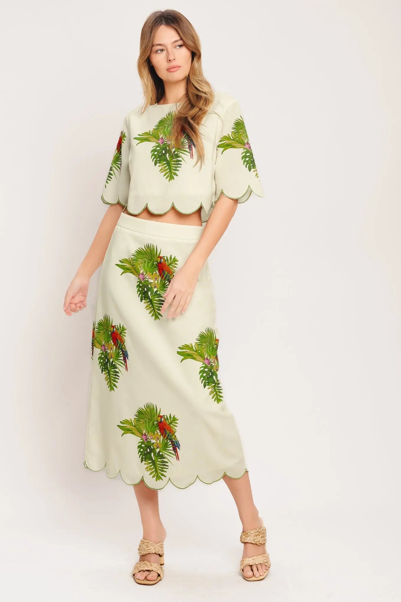 Island Elegance Printed Woven Midi Skirt With Scallop Hem Side Zipper Closure Flying Tomato