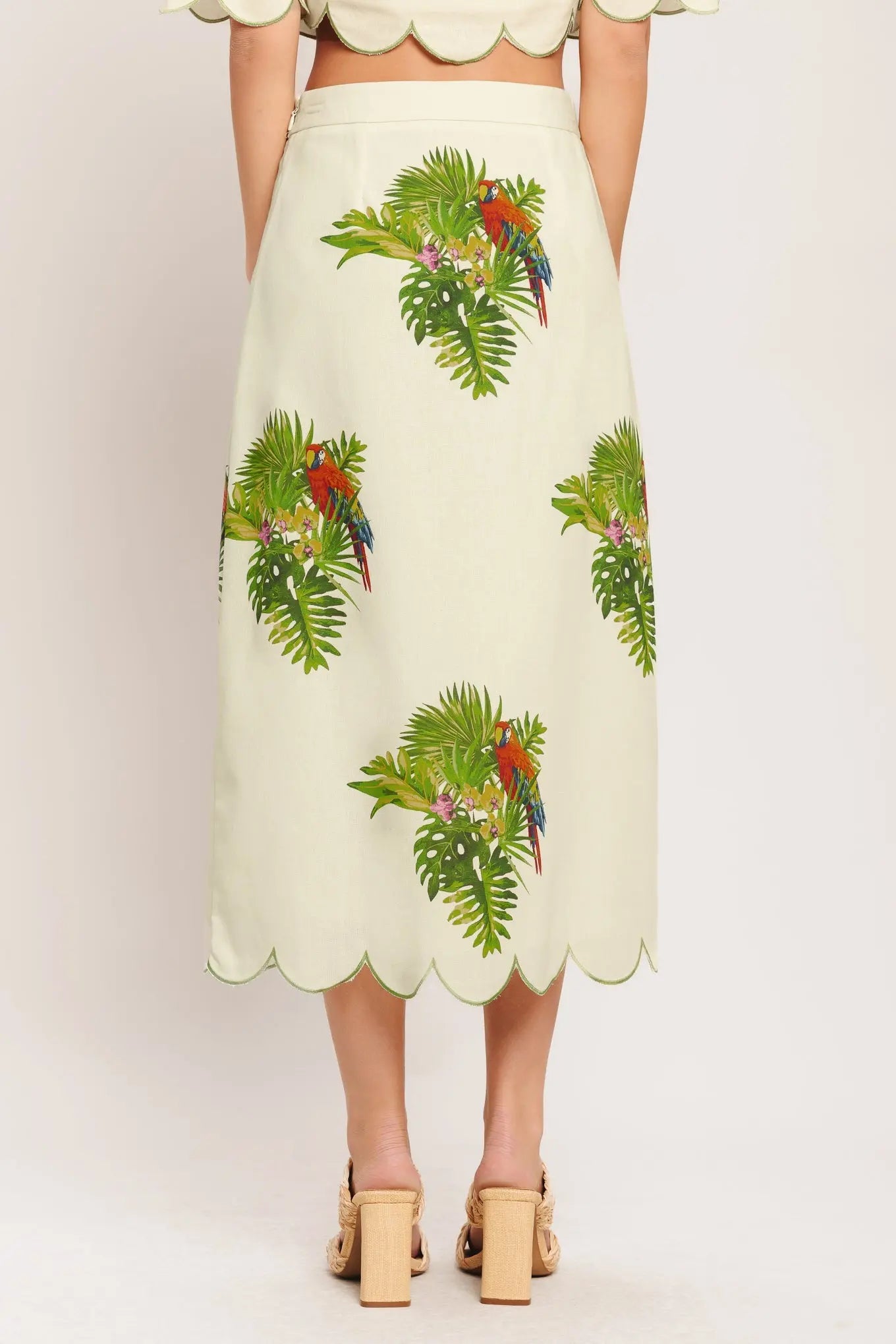 Island Elegance Printed Woven Midi Skirt With Scallop Hem Side Zipper Closure Flying Tomato