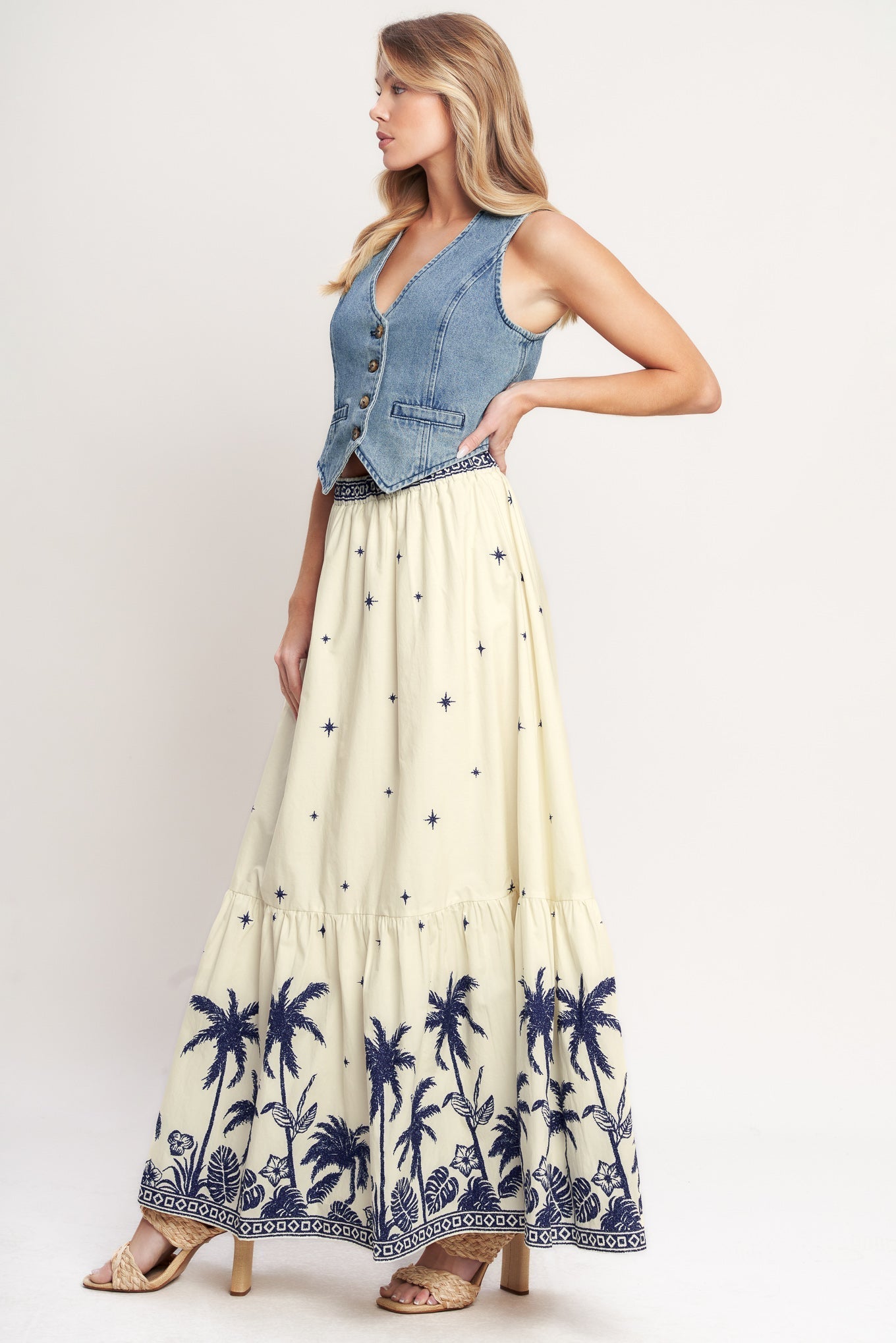 Boho Constellation Woven Maxi Skirt With Elastic Waist Star Print Ruffled Hem Flying Tomato
