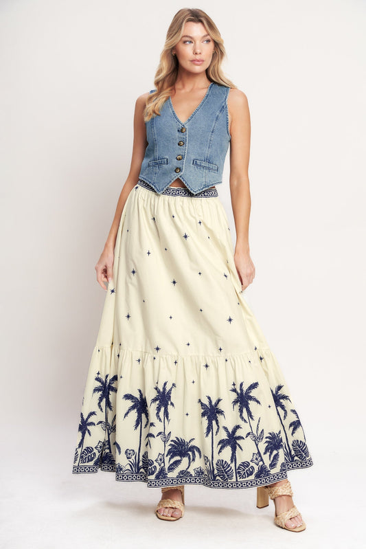 Boho Constellation Woven Maxi Skirt With Elastic Waist Star Print Ruffled Hem Flying Tomato