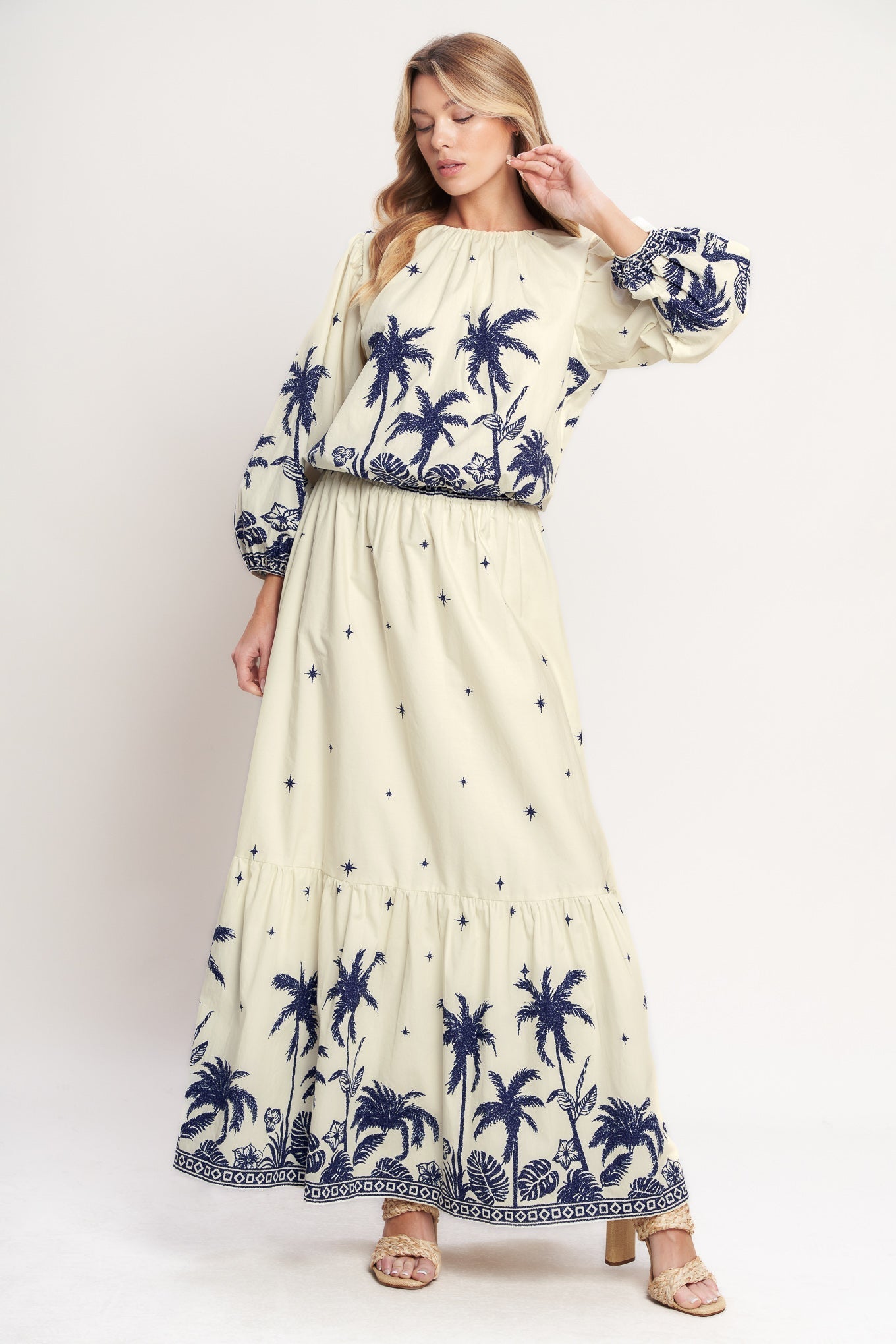 Boho Constellation Woven Maxi Skirt With Elastic Waist Star Print Ruffled Hem Flying Tomato