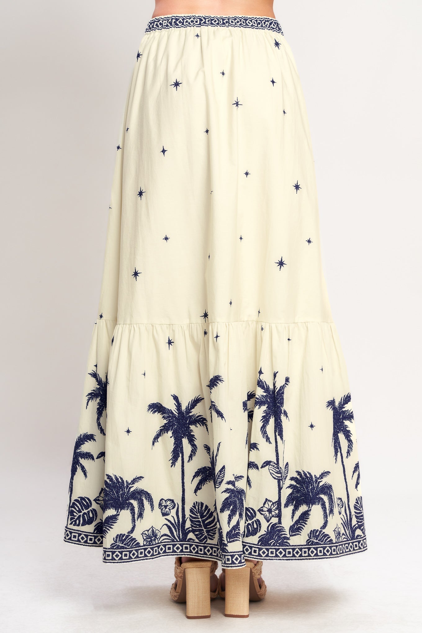Boho Constellation Woven Maxi Skirt With Elastic Waist Star Print Ruffled Hem Flying Tomato