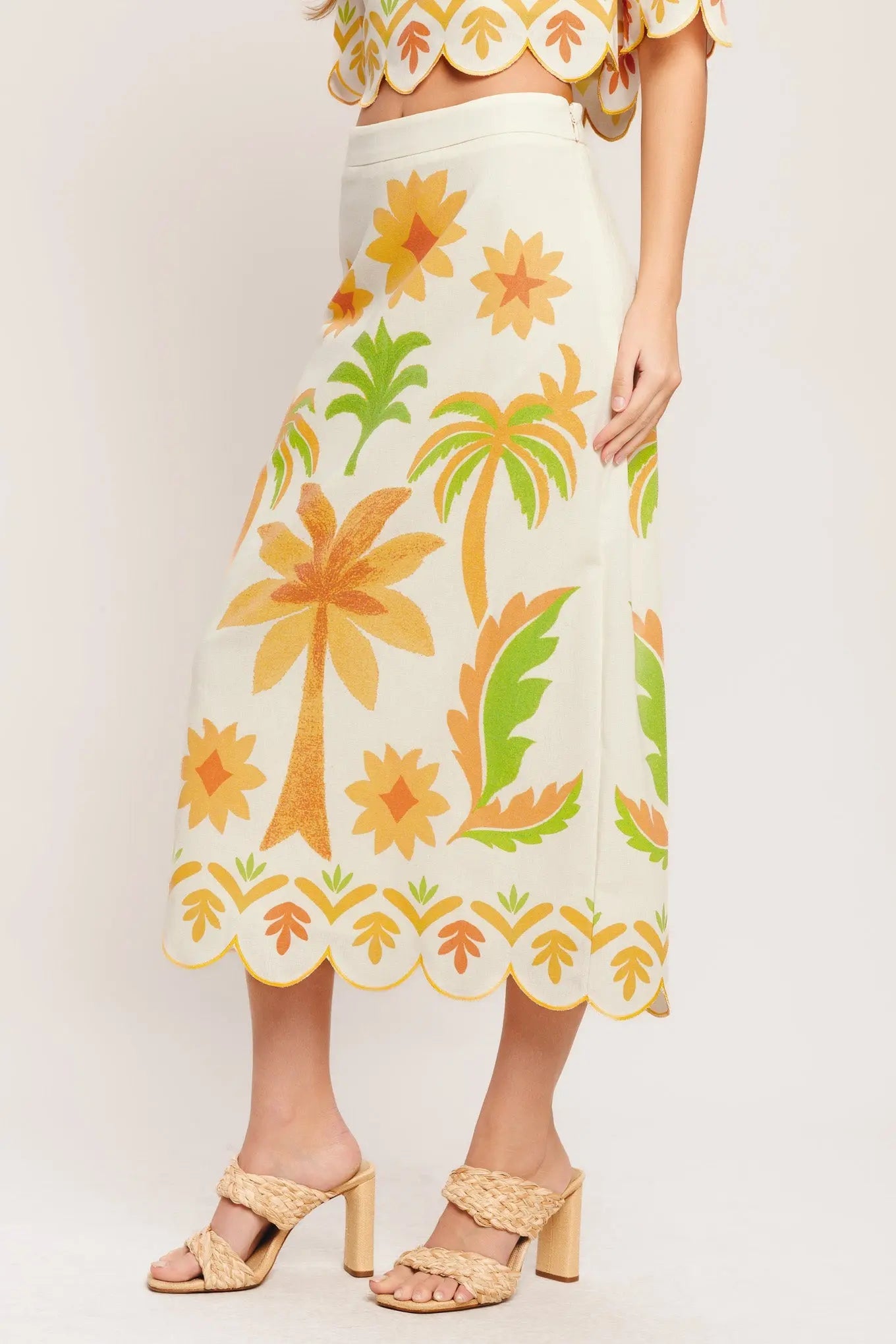Palm Print Woven Midi Skirt With Scalloped Hem And Zipper Closure Flying Tomato