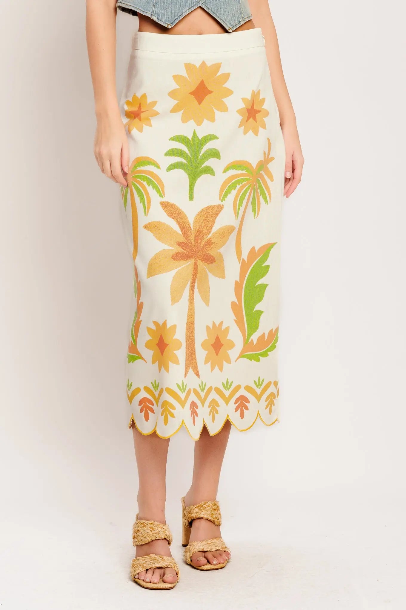 Palm Print Woven Midi Skirt With Scalloped Hem And Zipper Closure Flying Tomato
