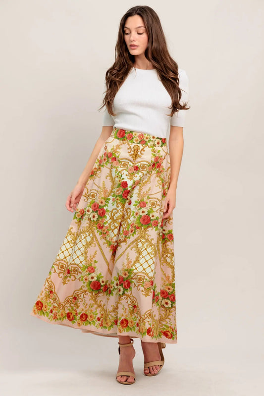 Palace Rose Statement Printed Woven Circle Midi Cotton Skirt Flying Tomato