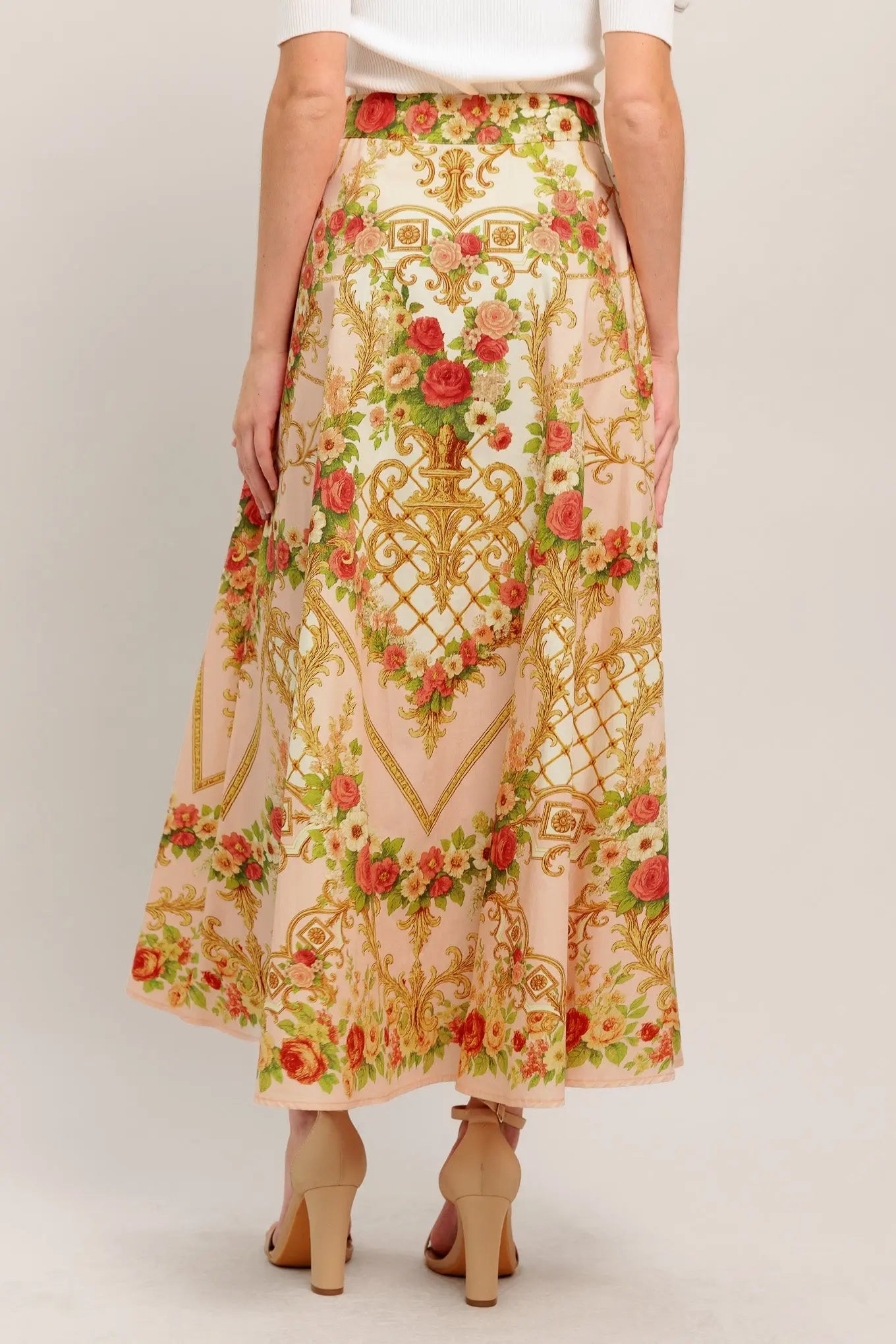 Palace Rose Statement Printed Woven Circle Midi Cotton Skirt Flying Tomato