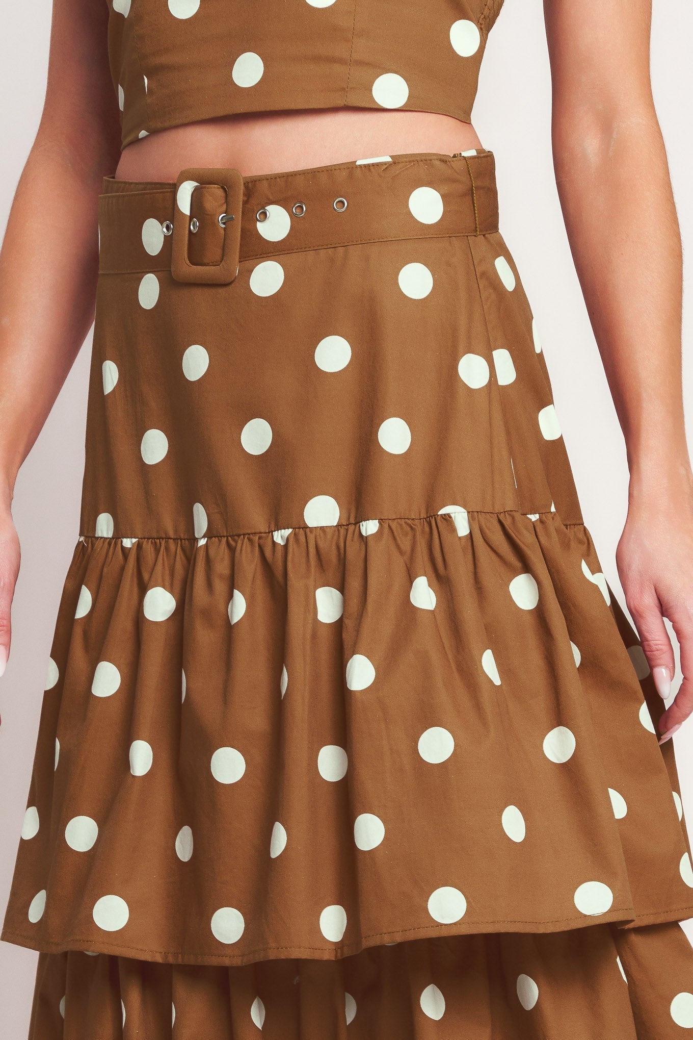 Brown Sugar Polka Dot Woven Tiered Maxi Skirt With Self Belt Flying Tomato