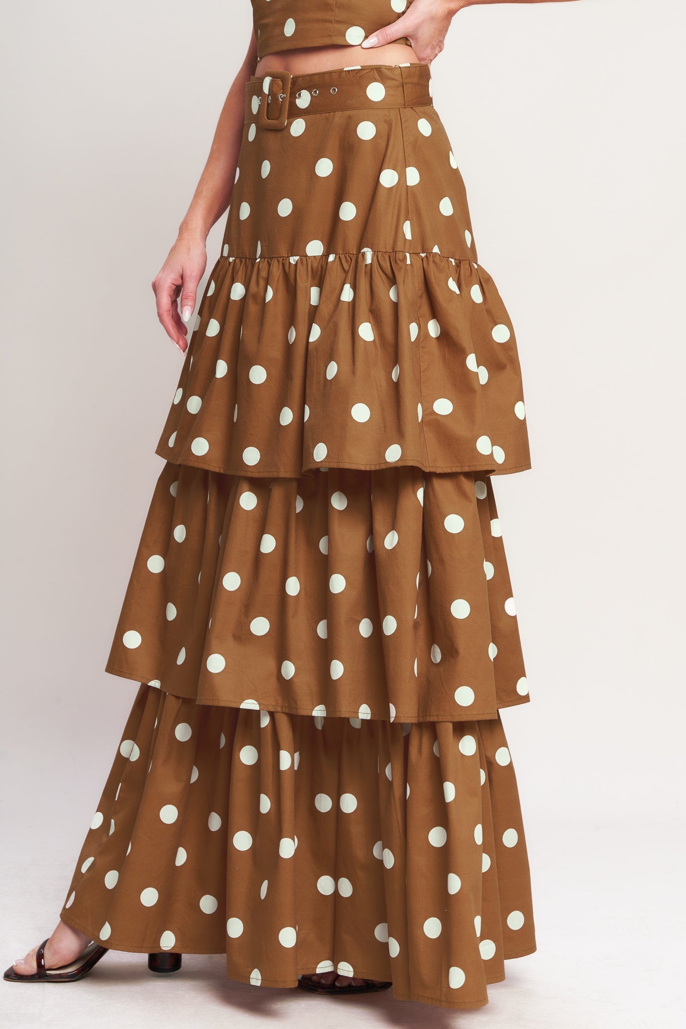 Brown Sugar Polka Dot Woven Tiered Maxi Skirt With Self Belt Flying Tomato