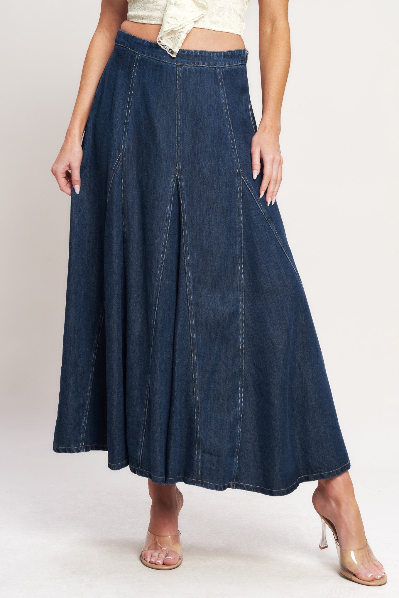 Denim Balance Woven Circle Skirt With Side Zip Closure Flying Tomato