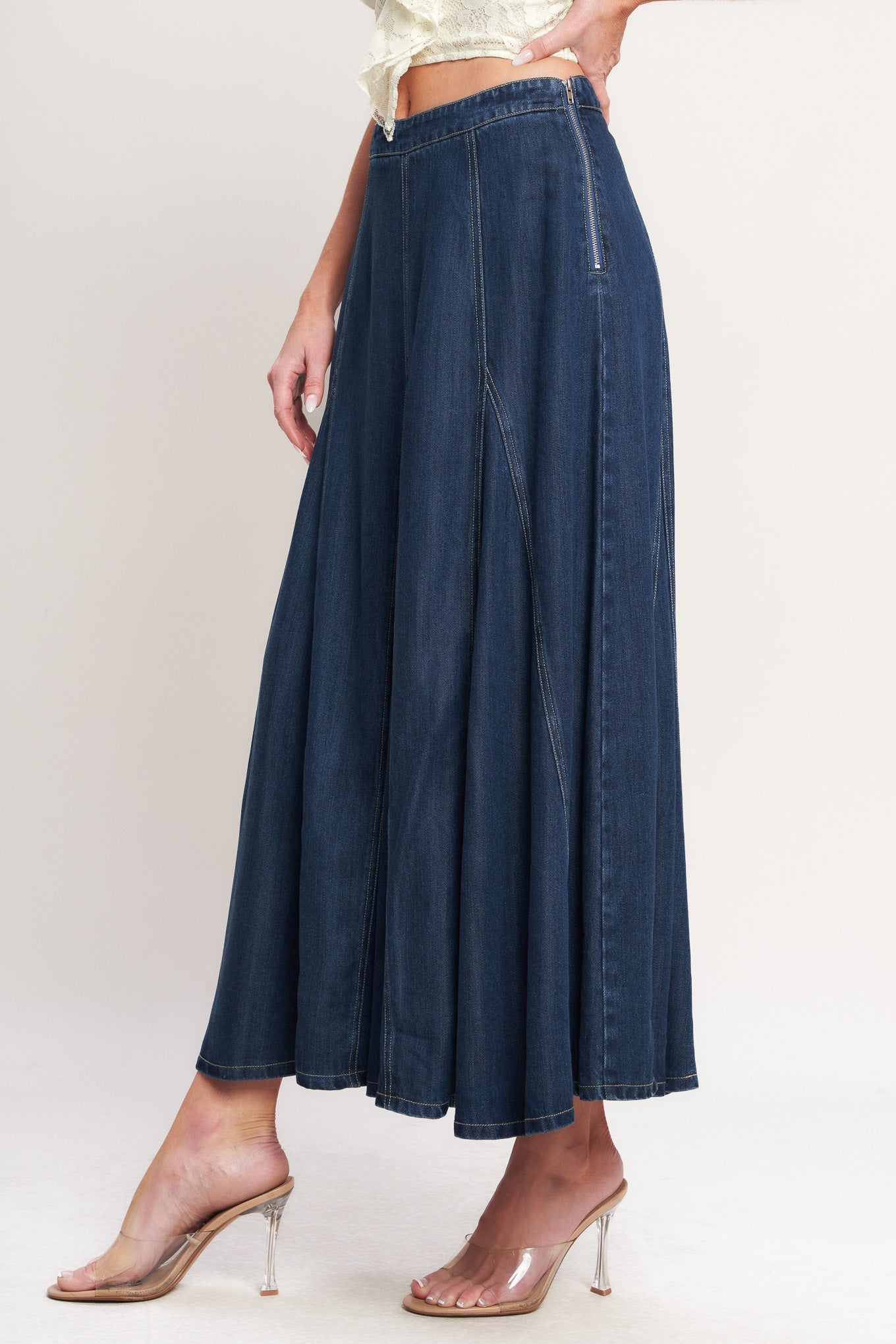 Denim Balance Woven Circle Skirt With Side Zip Closure Flying Tomato