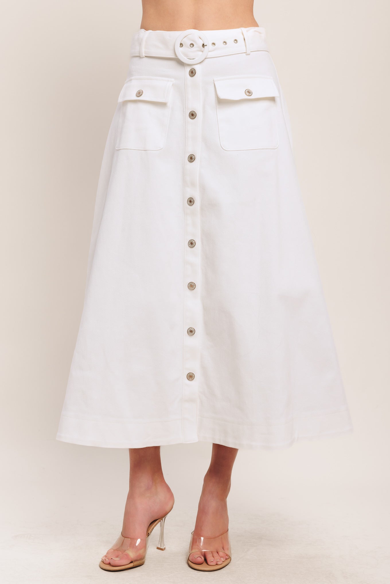 White Western Style Midi Skirt With Self Belt Front Button Down Pockets Flying Tomato