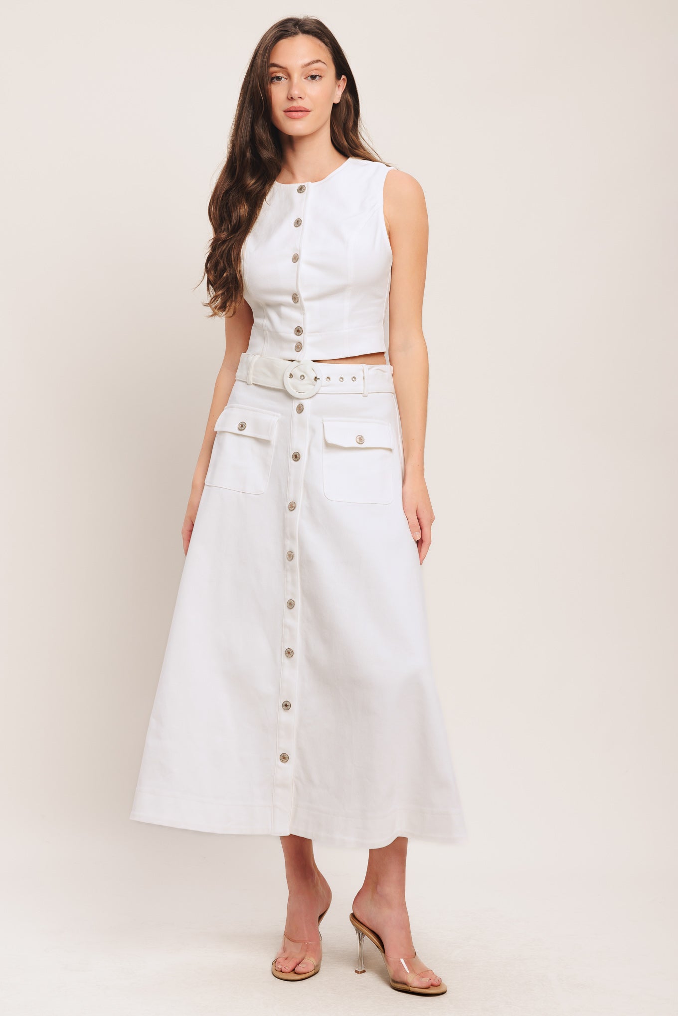 White Western Style Midi Skirt With Self Belt Front Button Down Pockets Flying Tomato