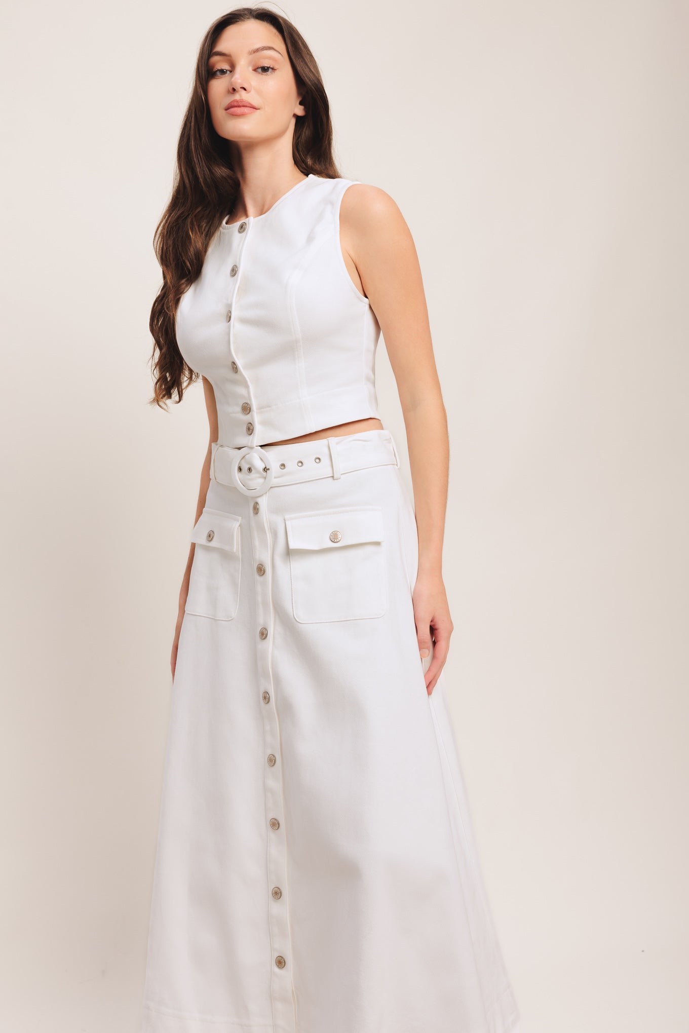 White Western Style Midi Skirt With Self Belt Front Button Down Pockets Flying Tomato