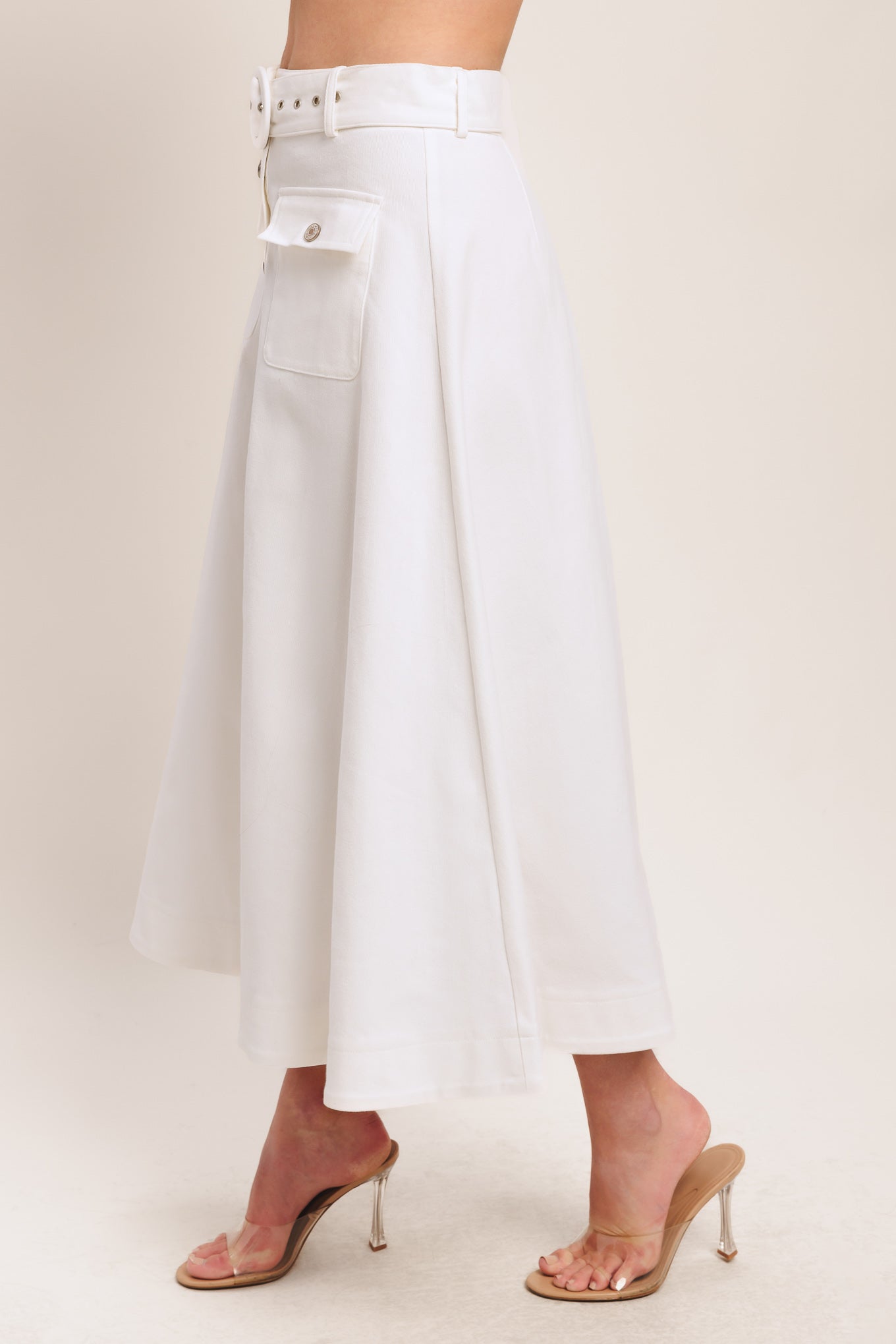 White Western Style Midi Skirt With Self Belt Front Button Down Pockets Flying Tomato