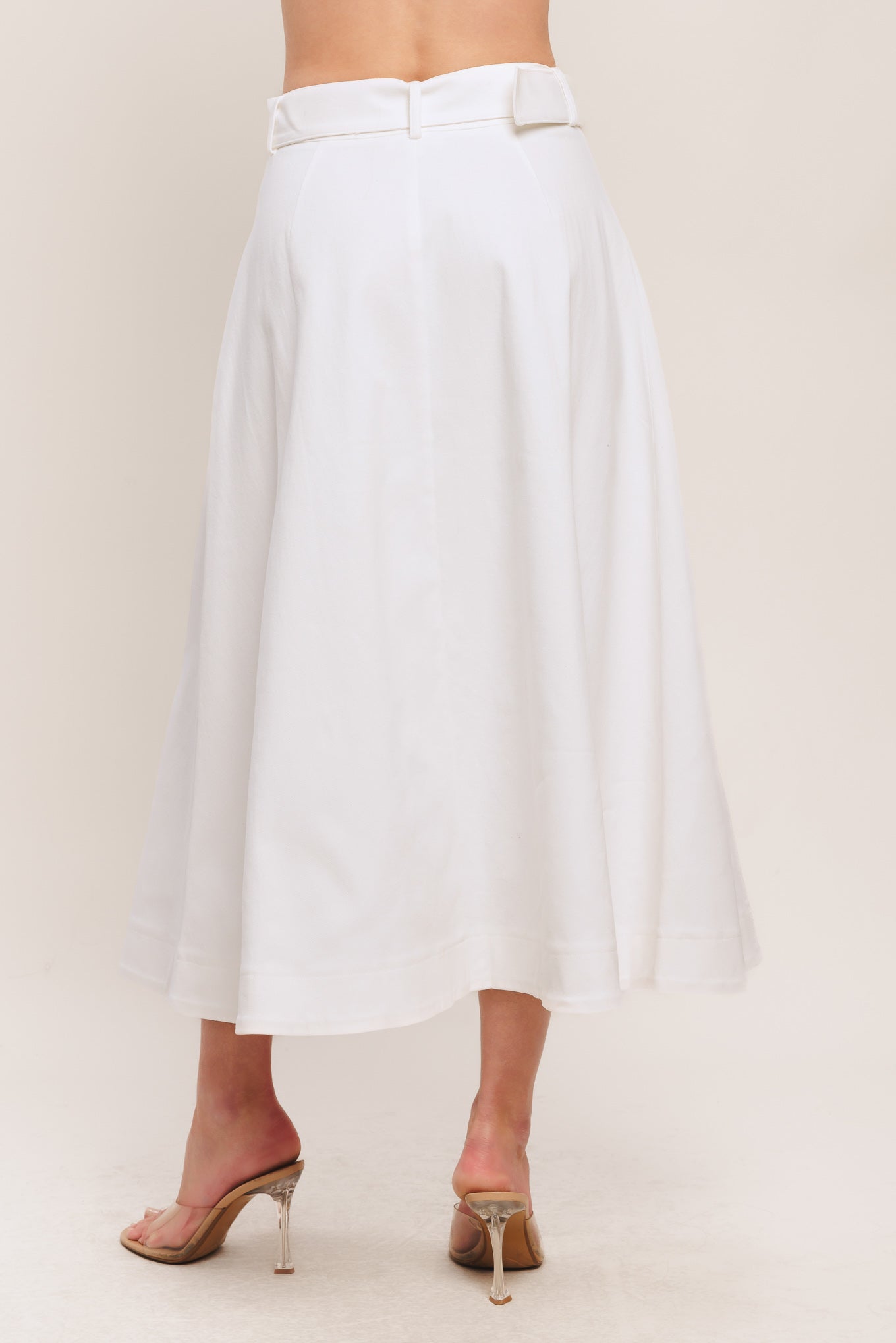 White Western Style Midi Skirt With Self Belt Front Button Down Pockets Flying Tomato