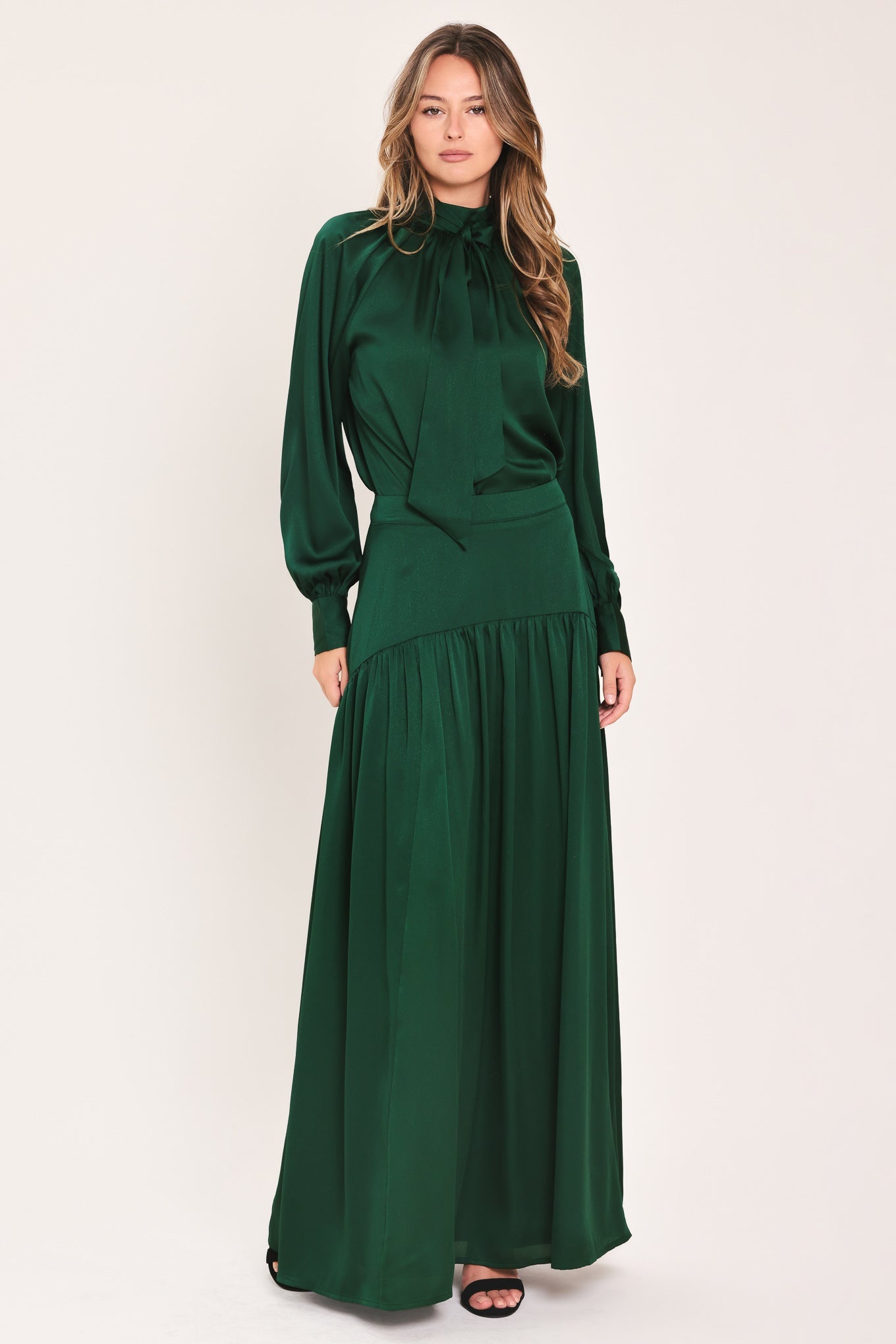 Forest Poise Hunter Green Drop Waist Tiered Lined Maxi Skirt