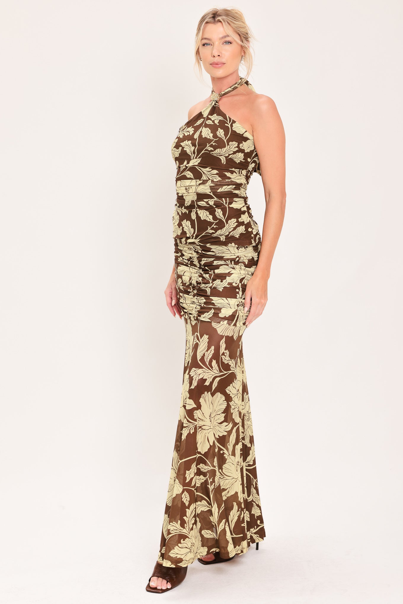 Women Earthy Floral Temptation Power Mesh Lined Gathered Maxi Skirt Brown Beige