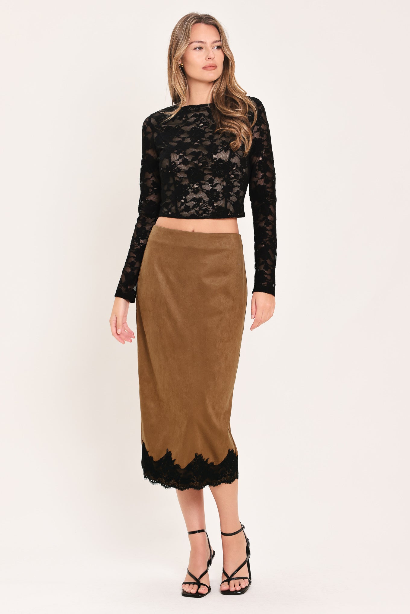 UMBER LACE AFTERGLOW FAUX SUEDE STRAIGHT SKIRT