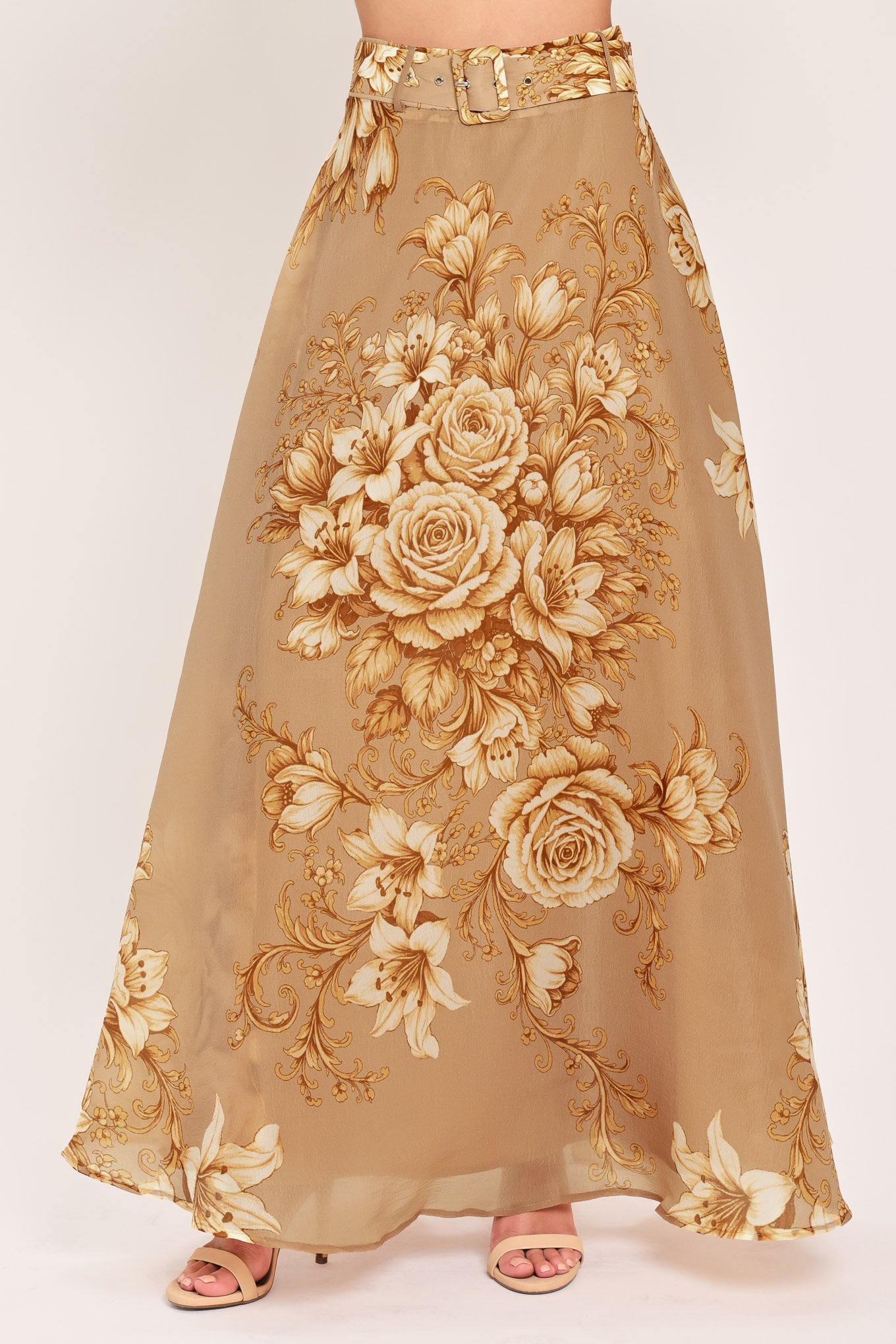 Moonlit Garden Printed Floral Belted Maxi Circle Skirt