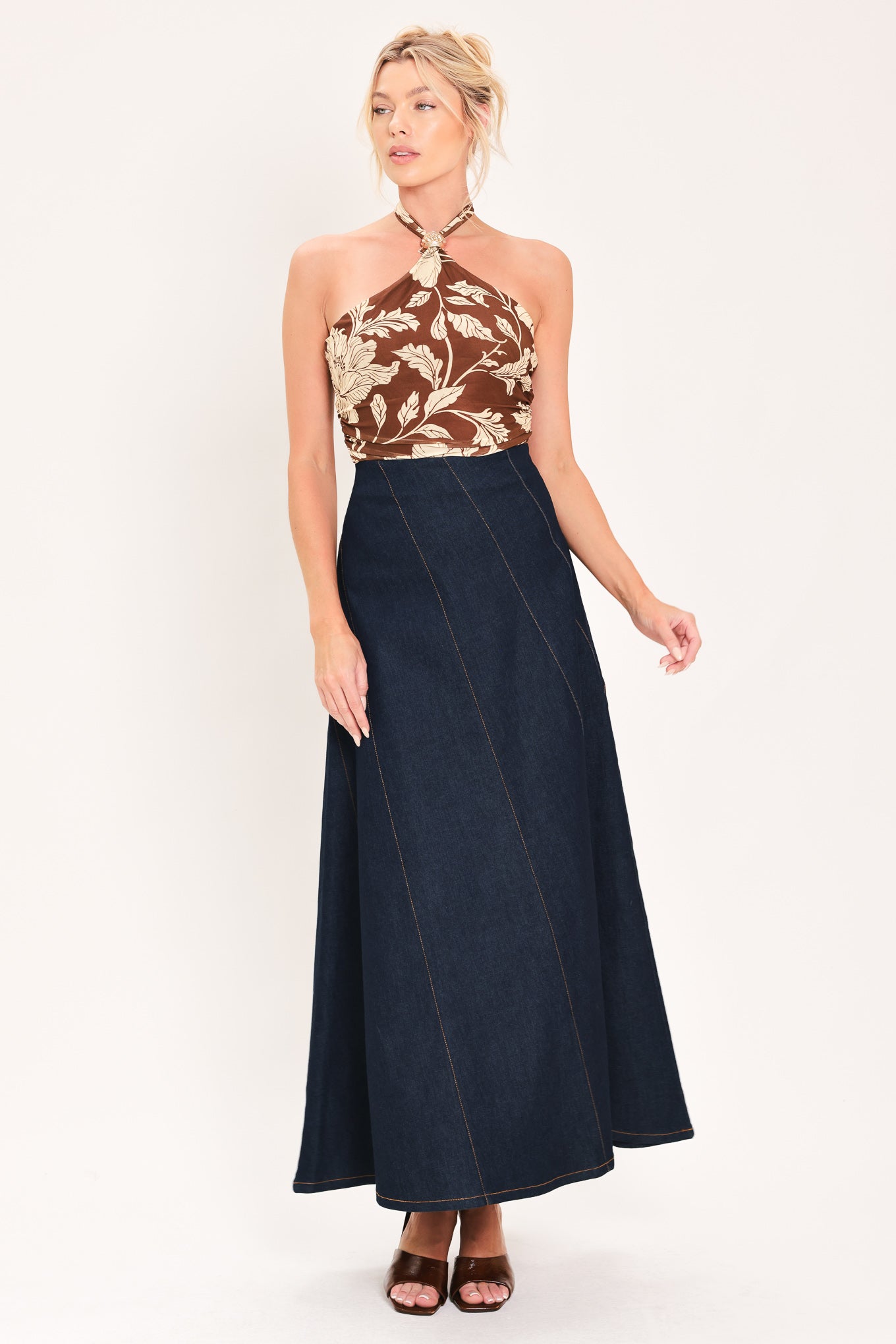 Indigo Sway Denim Ankle Skirt With Diagonal Seam Detailing Side Zipper