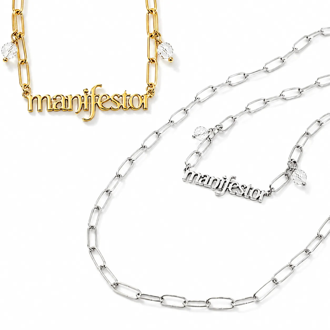 Katia Designs Manifestor Long Chain Necklace, elegant plated brass paperclip chain with magnetic clasp for layering.
