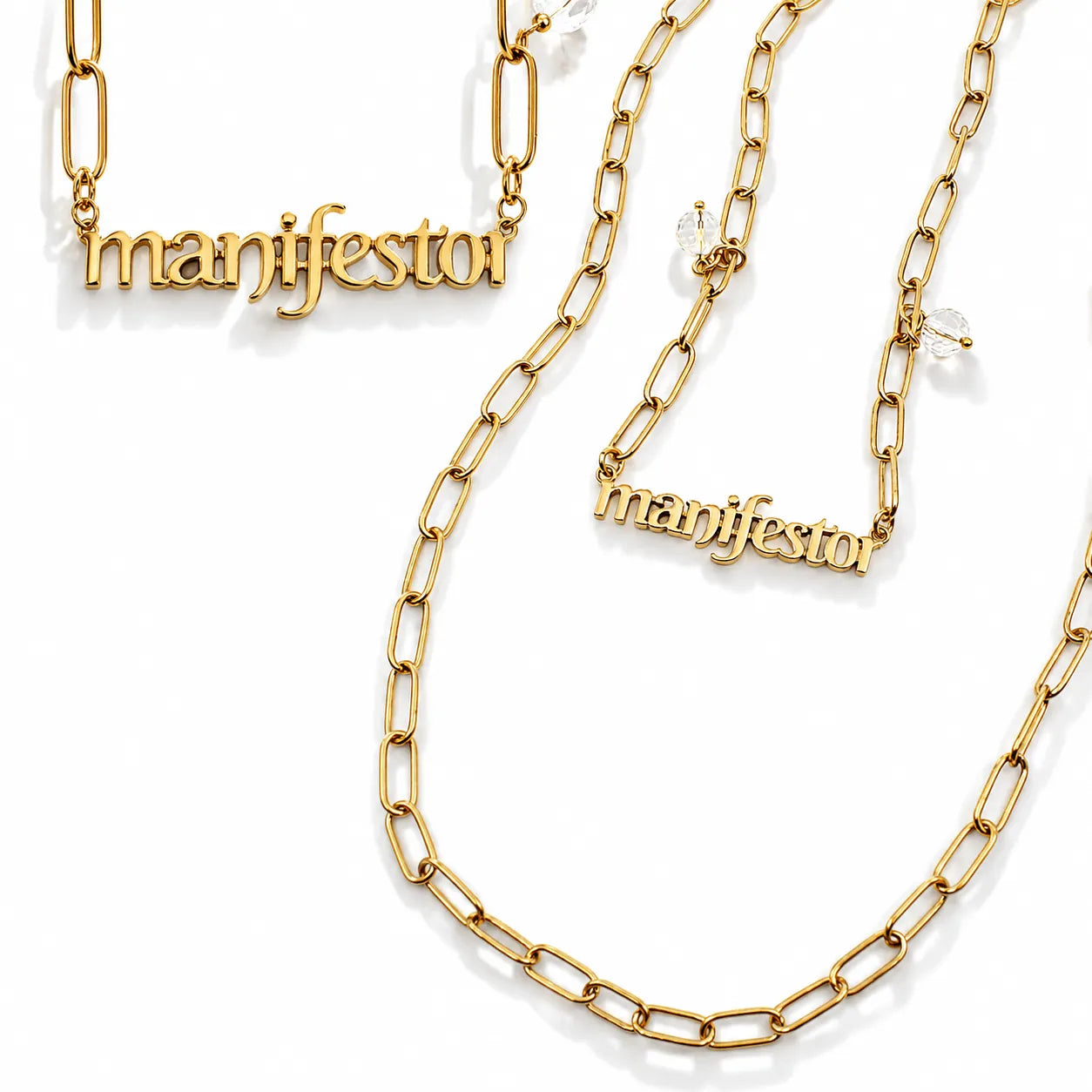 Katia Designs Manifestor Long Chain Necklace, close-up of the unique paperclip chain links and secure magnetic clasp.