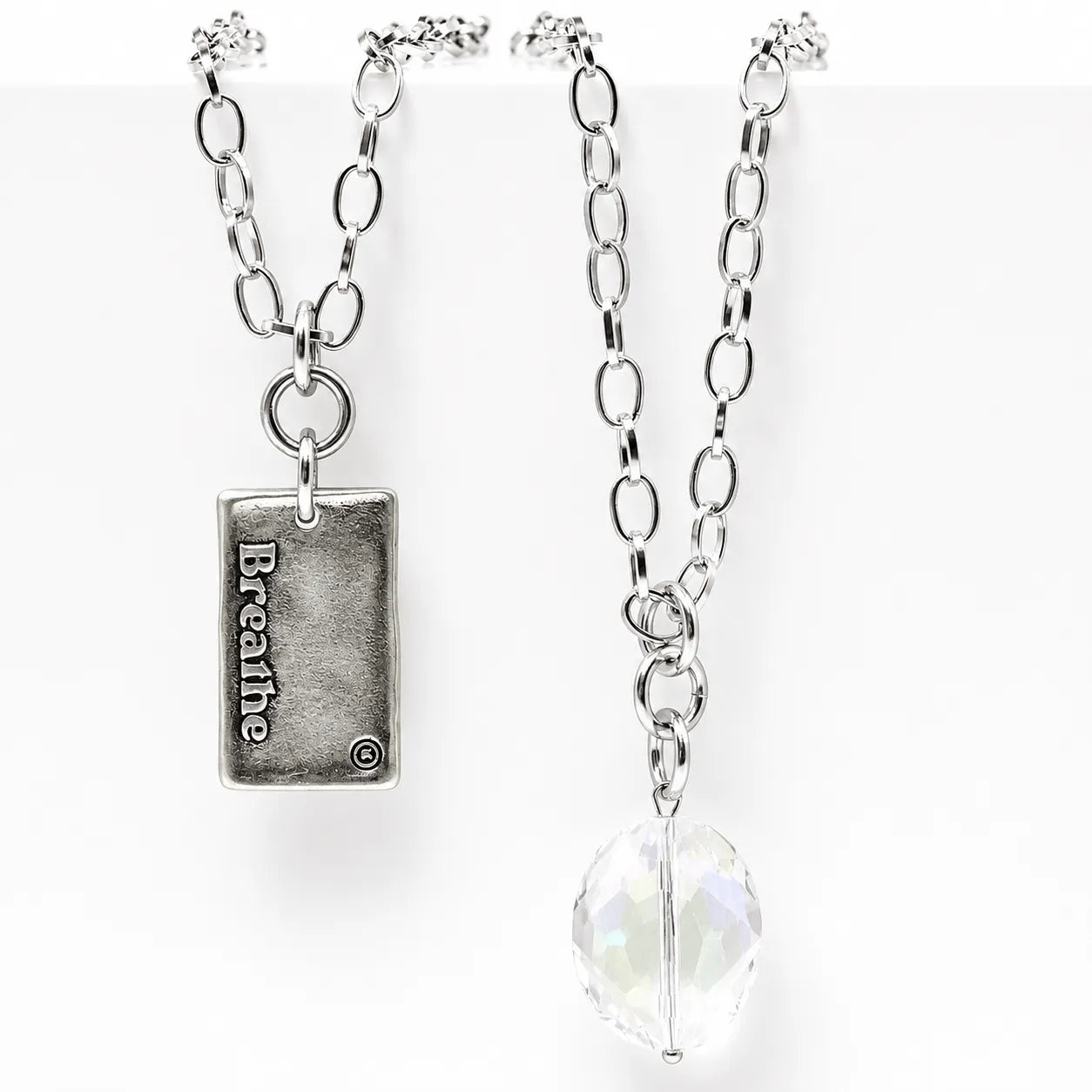 Katia Designs Breathe Original Lite Necklace, showcasing the quality craftsmanship of the long chain and pendant.