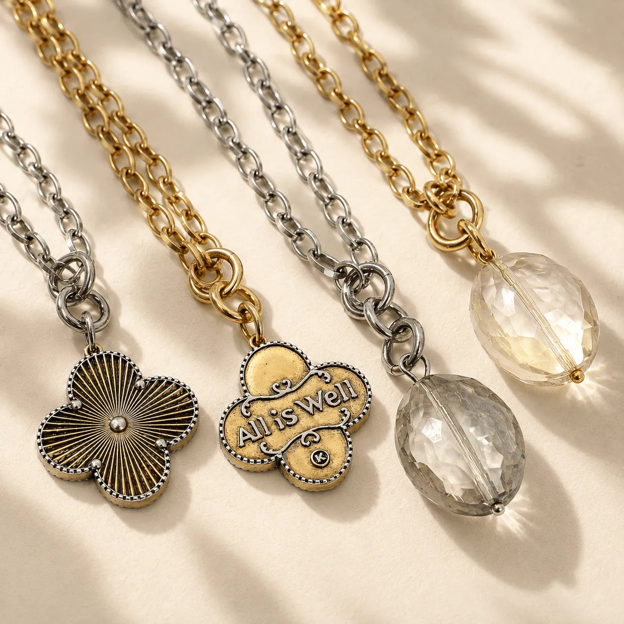 Katia Designs All is Well Clover Original Lite Necklace, showcasing the full mixed metal clover pendant with crystal accents 