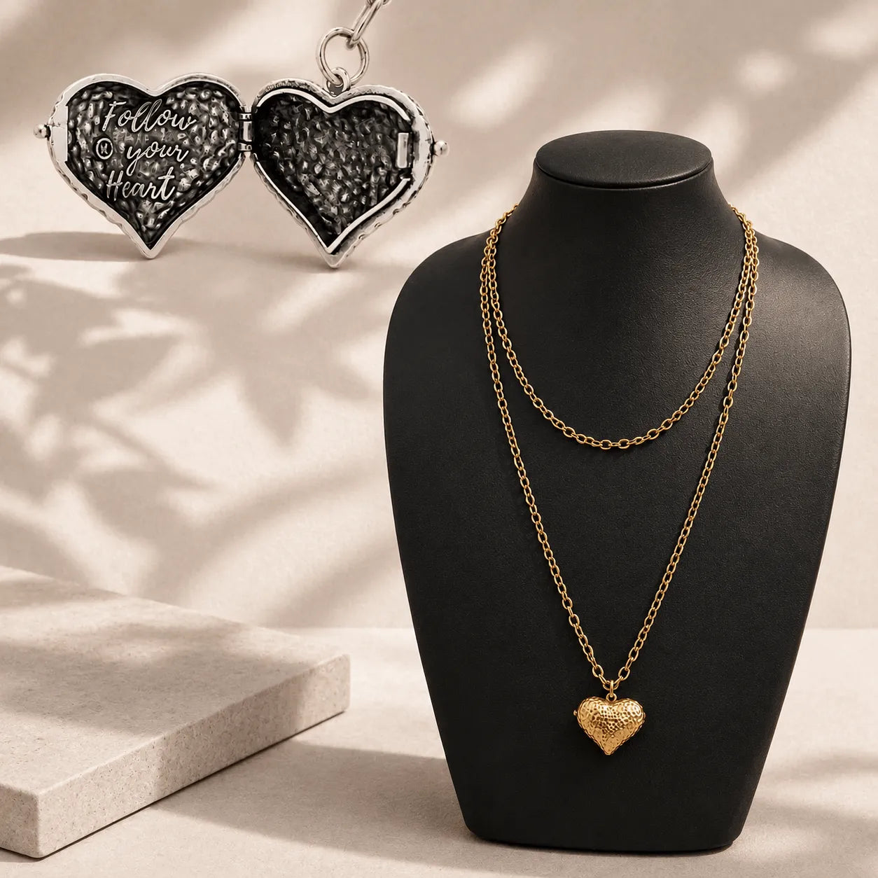 Katia Designs Follow Your Heart Locket Essential Necklace, featuring its elegant gold-tone finish and intricate heart design.