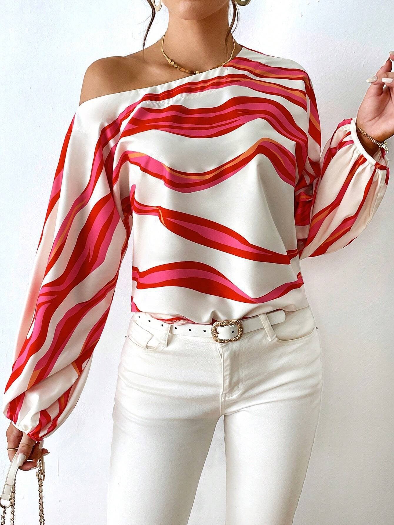 Off-Shoulder Wavy Stripe Short Sleeve Top Miss Sparkling
