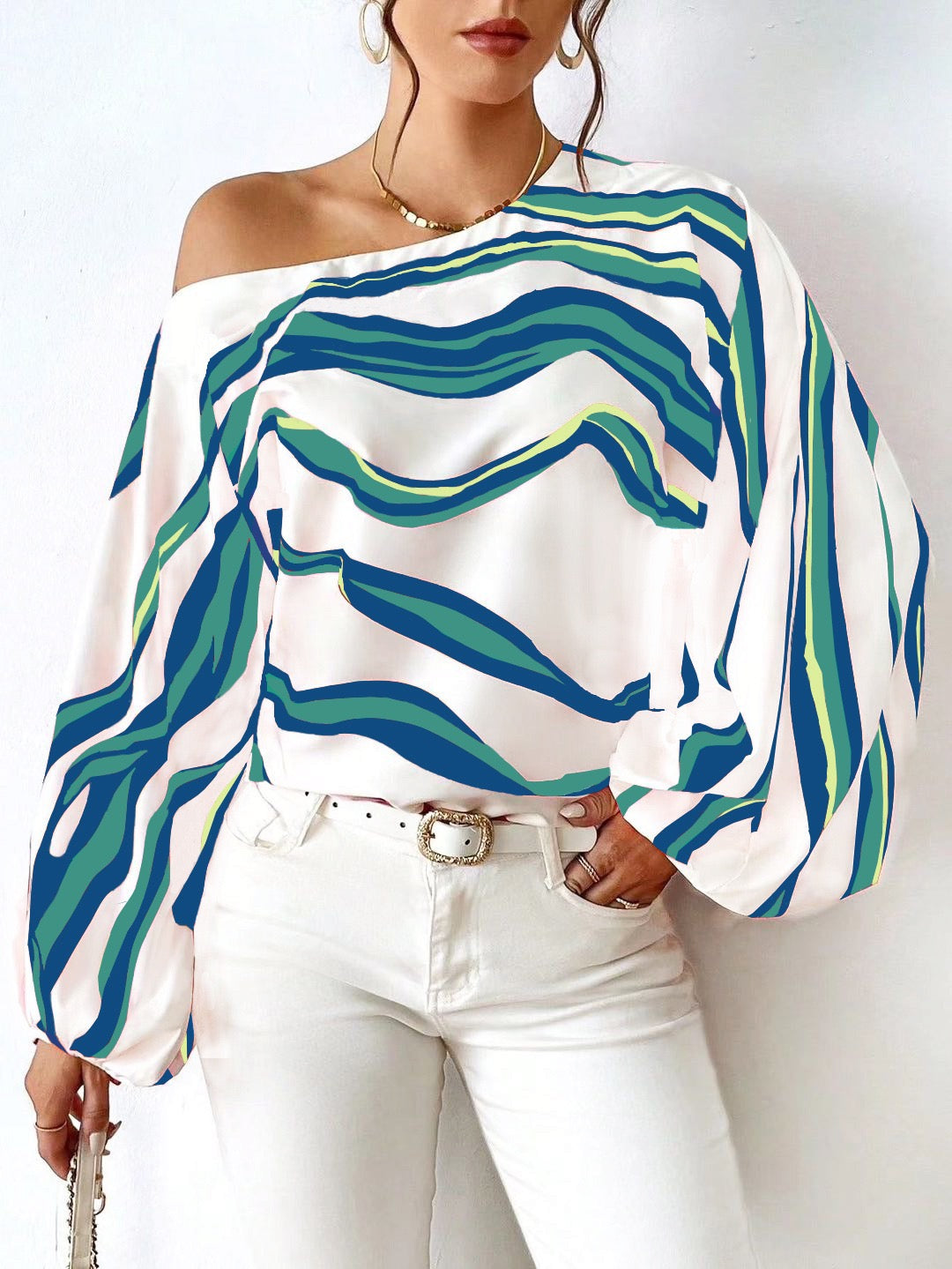 Off-Shoulder Wavy Stripe Short Sleeve Top Miss Sparkling
