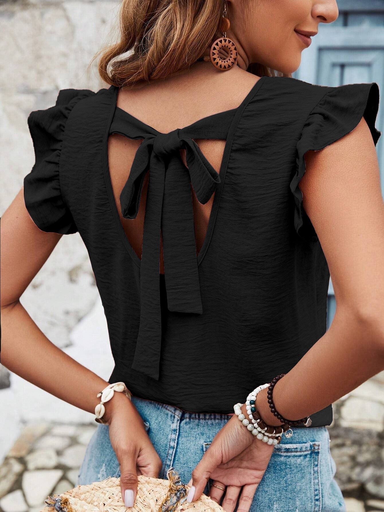 Ruffle Sleeve Blouse with Back Bow Tie Miss Sparkling