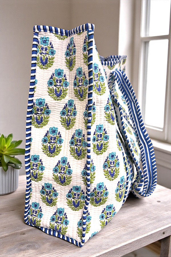 Emma Blue And White Floral Cotton Tote Bag For Everyday Use