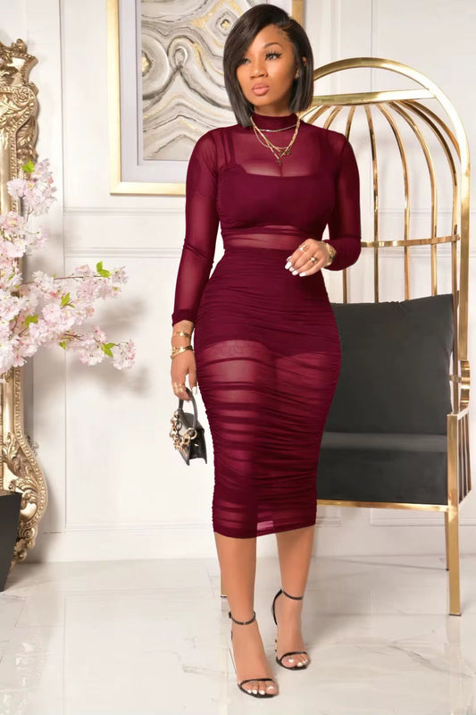 Triple Threat Mesh Magic: 3-Piece Crop Top, High Waist Shorts & Sheer Dress Set Coco’s Tee Boutique