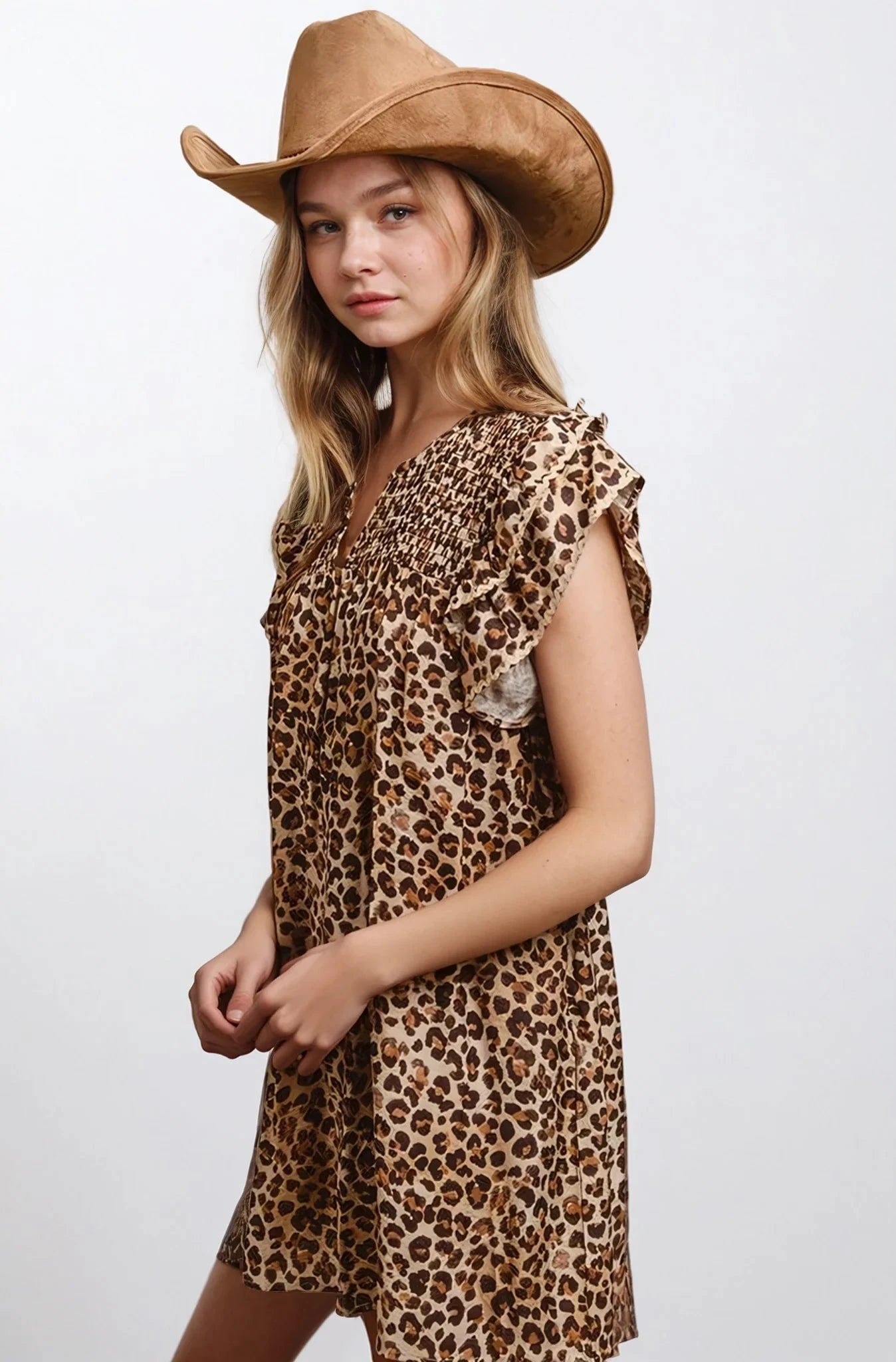 Desert Muse Leopard Ruffle Dress Mini With Smocked Bodice Fitkitty Culture Athleisure Wear, Yoga Wear & Women's Clothing