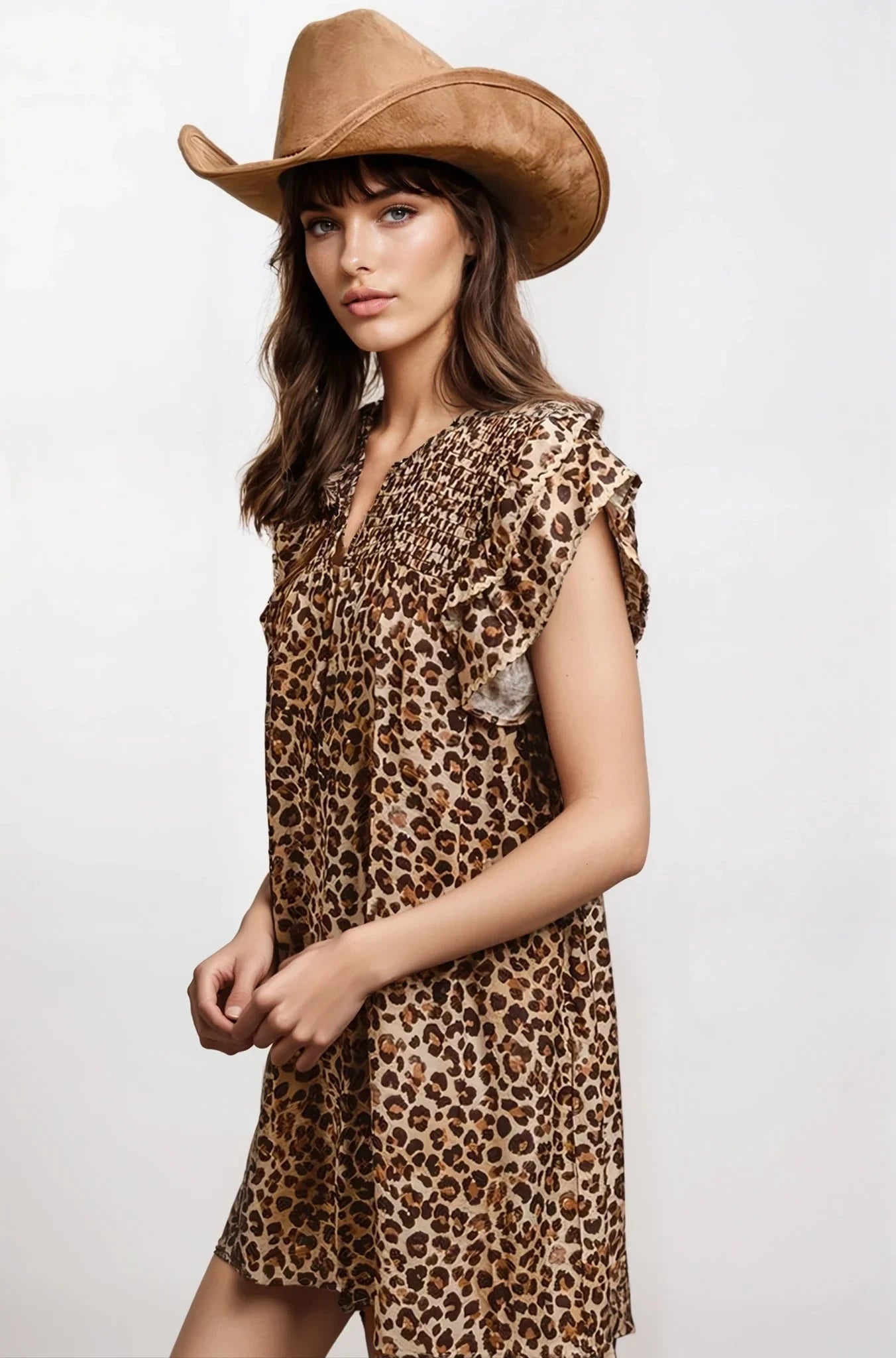 Desert Muse Leopard Ruffle Dress Mini With Smocked Bodice Fitkitty Culture Athleisure Wear, Yoga Wear & Women's Clothing