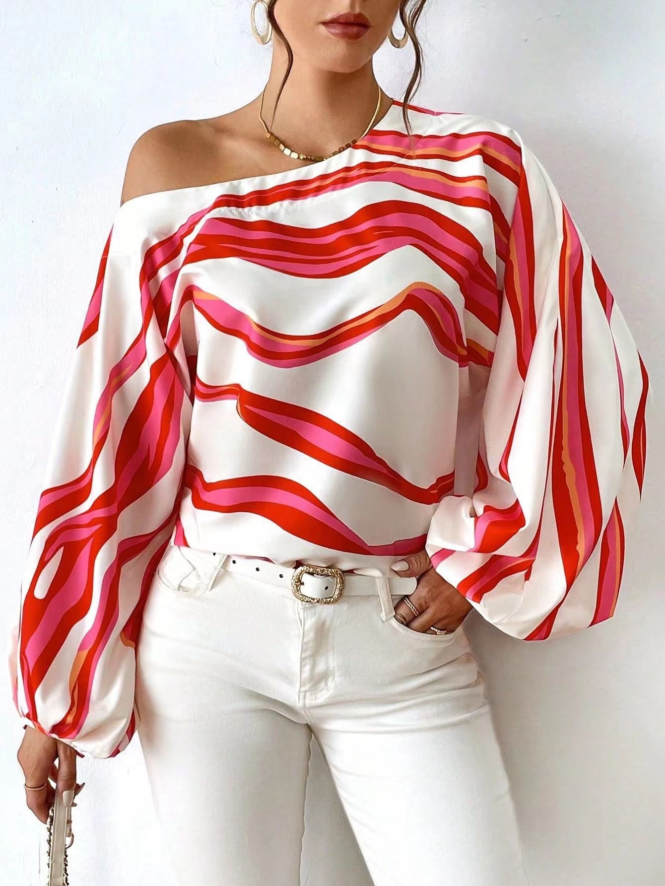 Off-Shoulder Wavy Stripe Short Sleeve Top Miss Sparkling