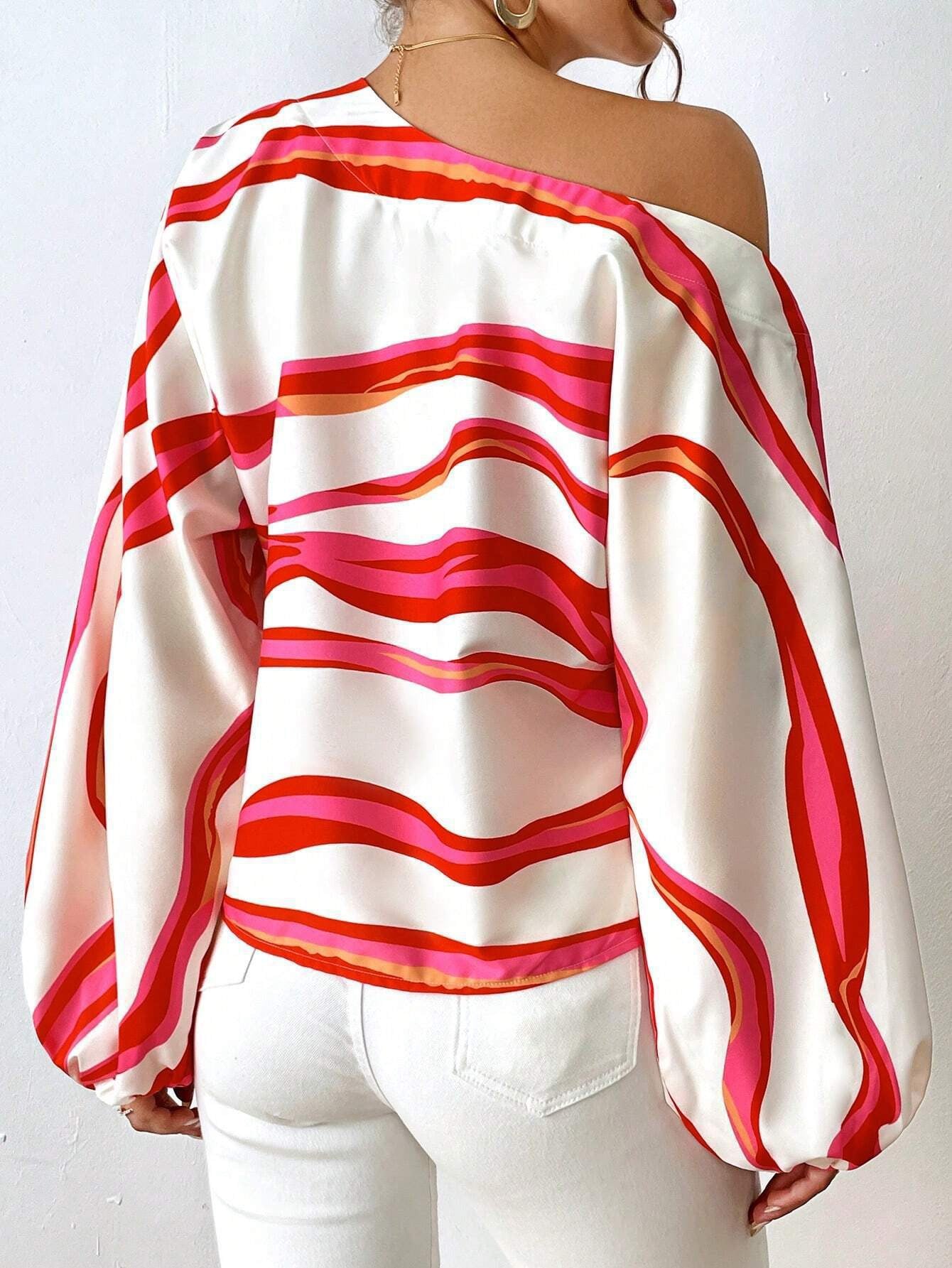 Off-Shoulder Wavy Stripe Short Sleeve Top Miss Sparkling