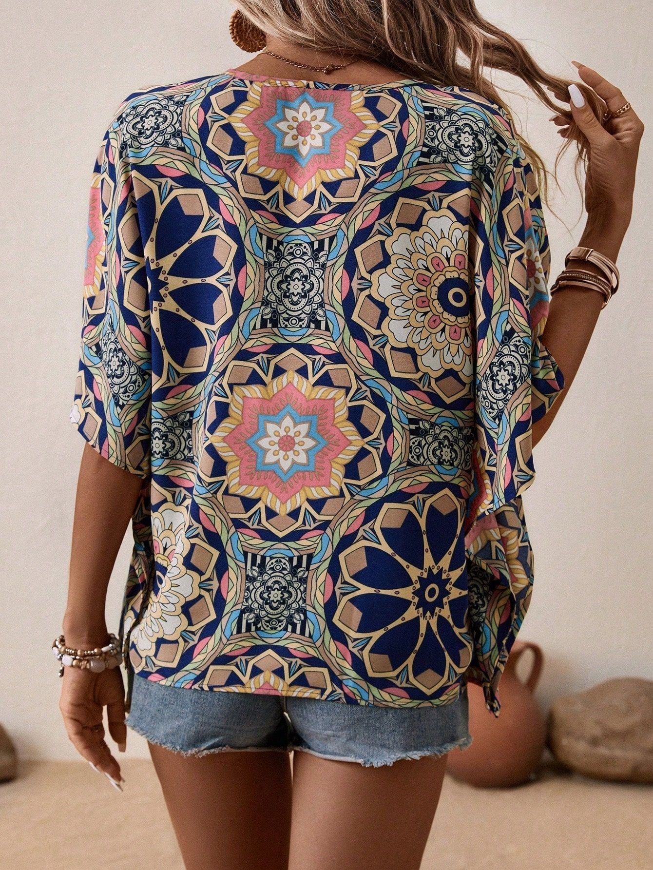 Boho Print V-Neck Short Sleeve Top – Summer Casual Miss Sparkling