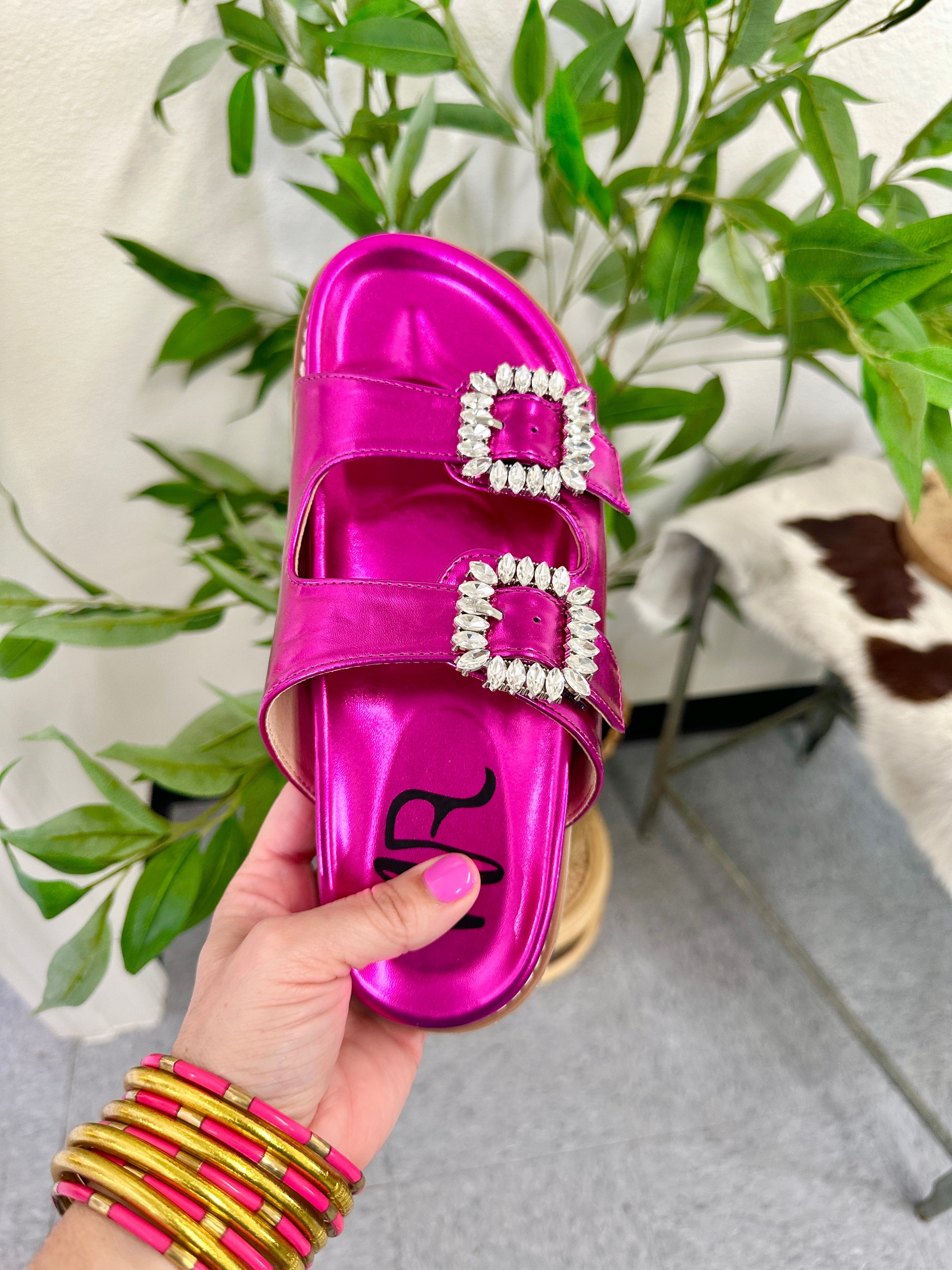 Stellar Fuschia Rhinestone Buckle Slides Comfort Footbed Naughty Monkey