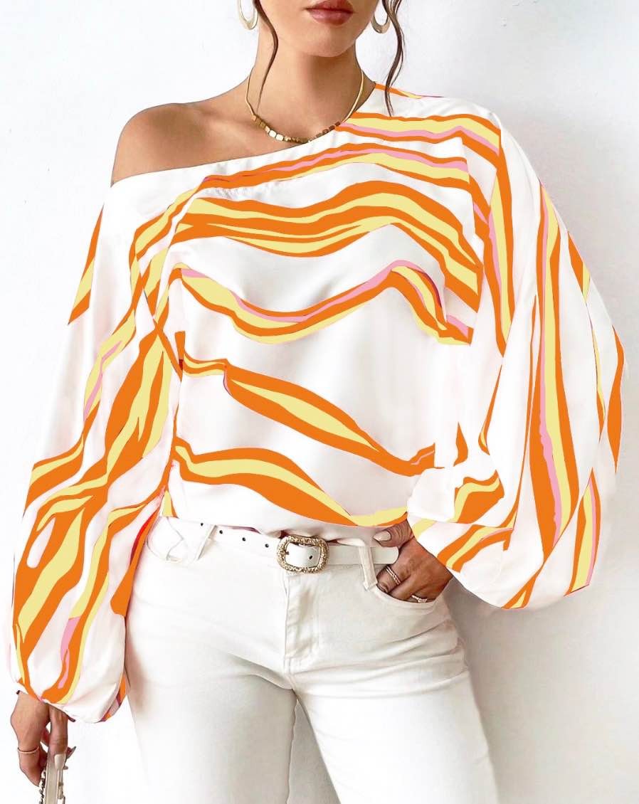 Off-Shoulder Wavy Stripe Short Sleeve Top Miss Sparkling