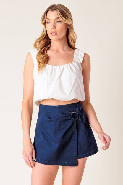 Taking Time Off Denim Woven Skort with O Ring Detail