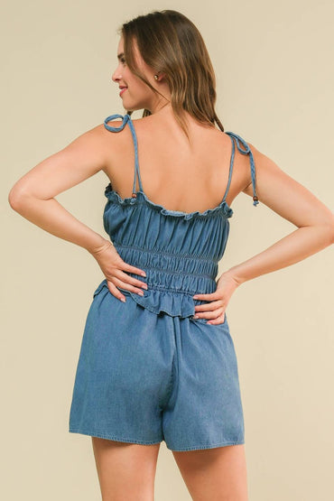 THRIVING ALL NIGHT DENIM ROMPER