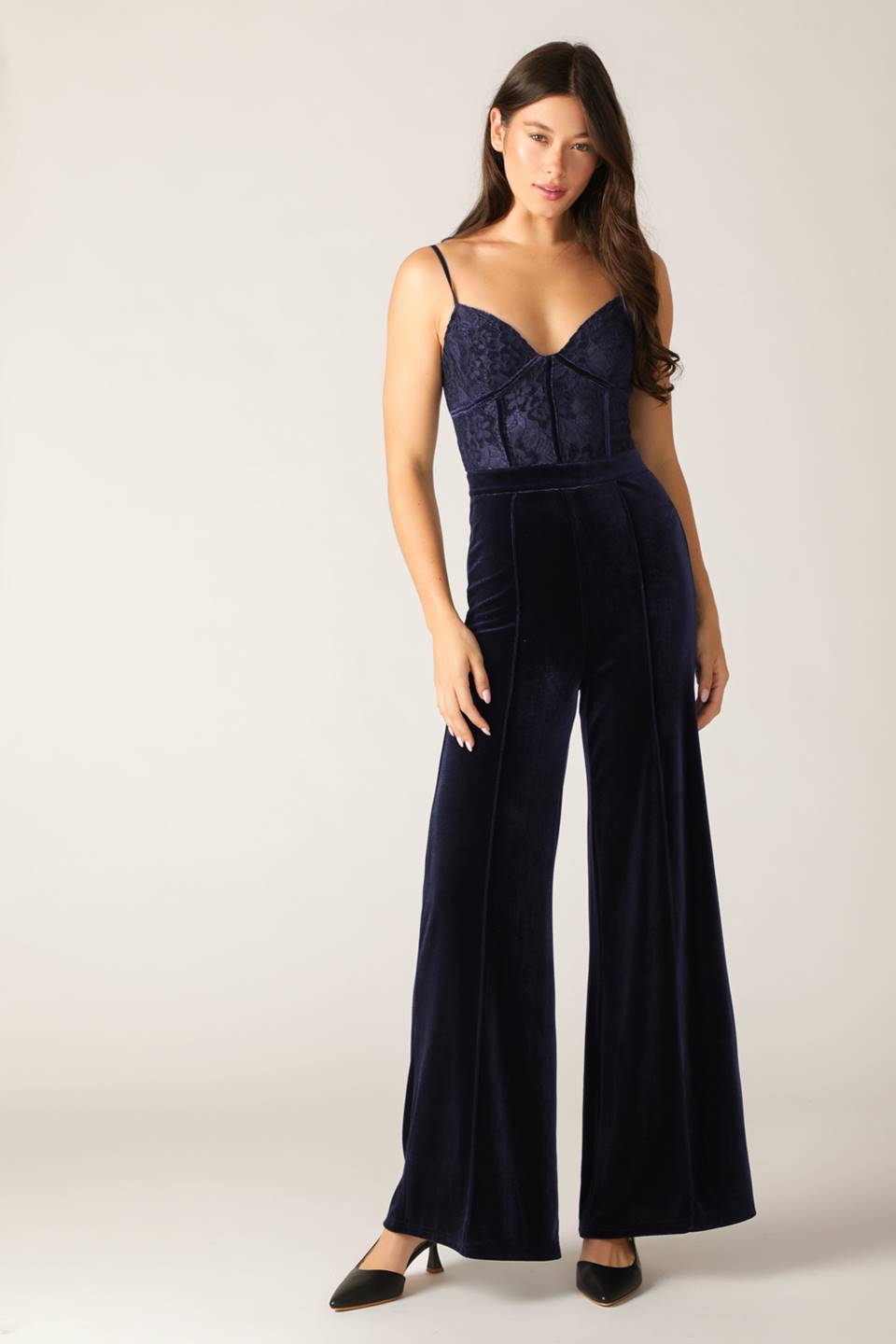 GLEAMING GLAM WOVEN LACE VELVET JUMPSUIT Flying Tomato