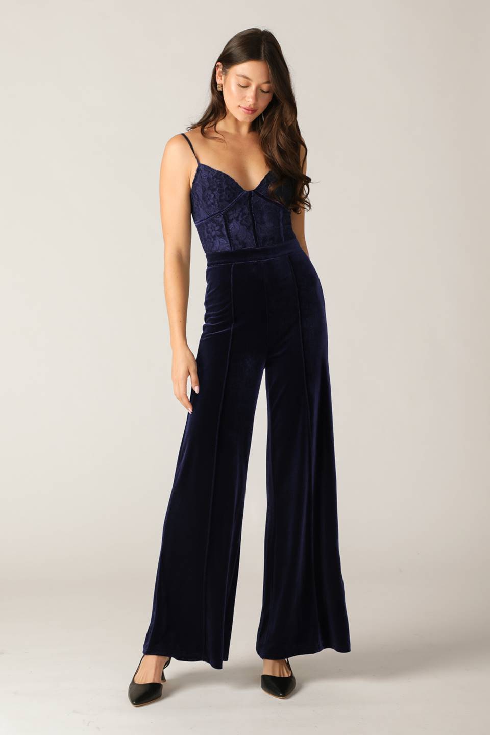 GLEAMING GLAM WOVEN LACE VELVET JUMPSUIT Flying Tomato