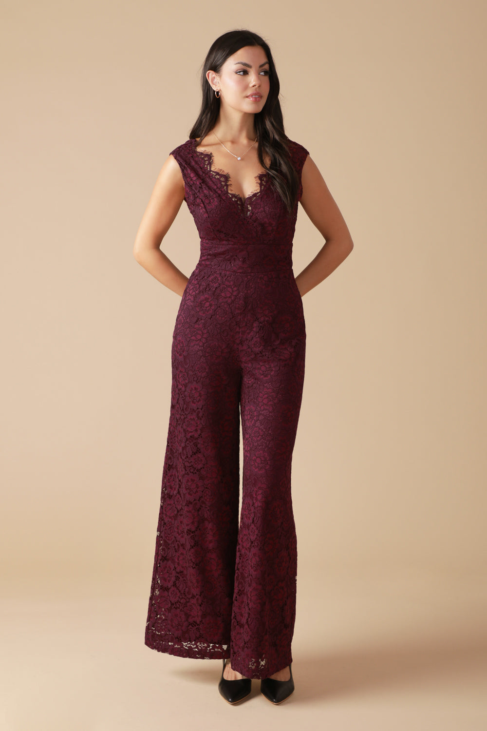 Feathered Thoughts Woven Lace Jumpsuit With V Neck Back Zip Closure And Wide Leg Flying Tomato