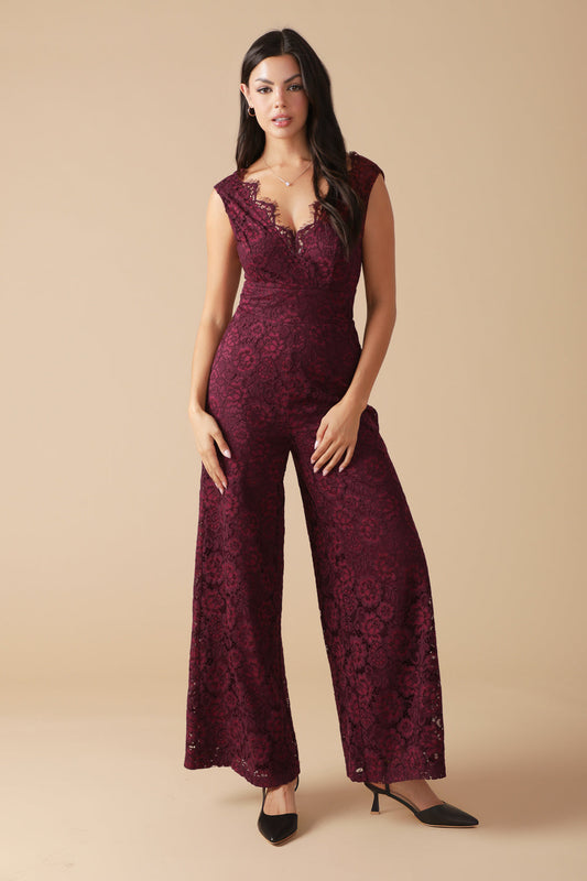 Feathered Thoughts Woven Lace Jumpsuit With V Neck Back Zip Closure And Wide Leg Flying Tomato
